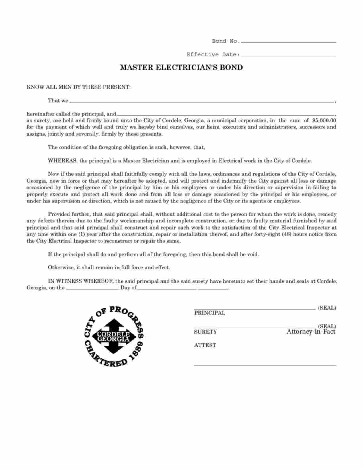 Georgia Master Electrician Bond Form