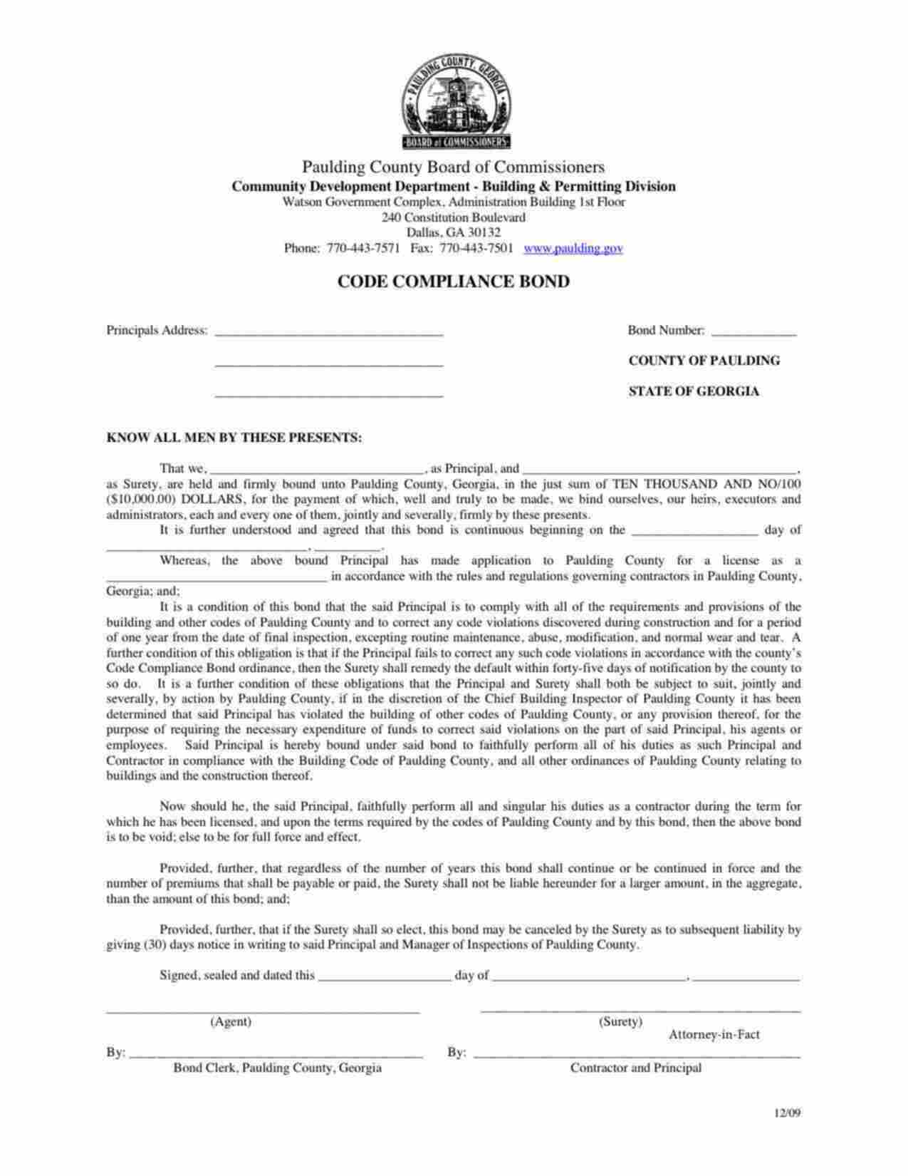 Georgia Contractor's Code Compliance Bond Form