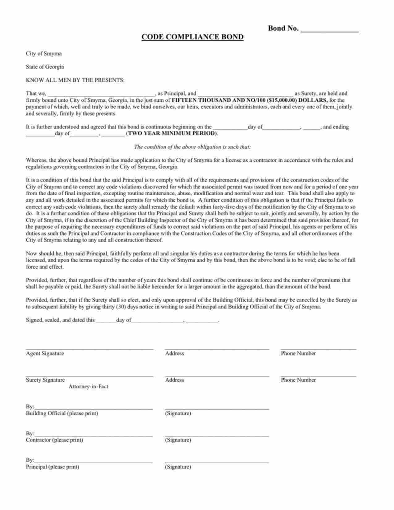 Georgia Contractor Code Compliance Bond Form