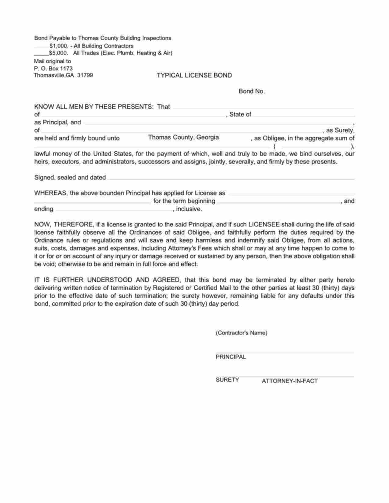 Georgia Building Contractors Bond Form