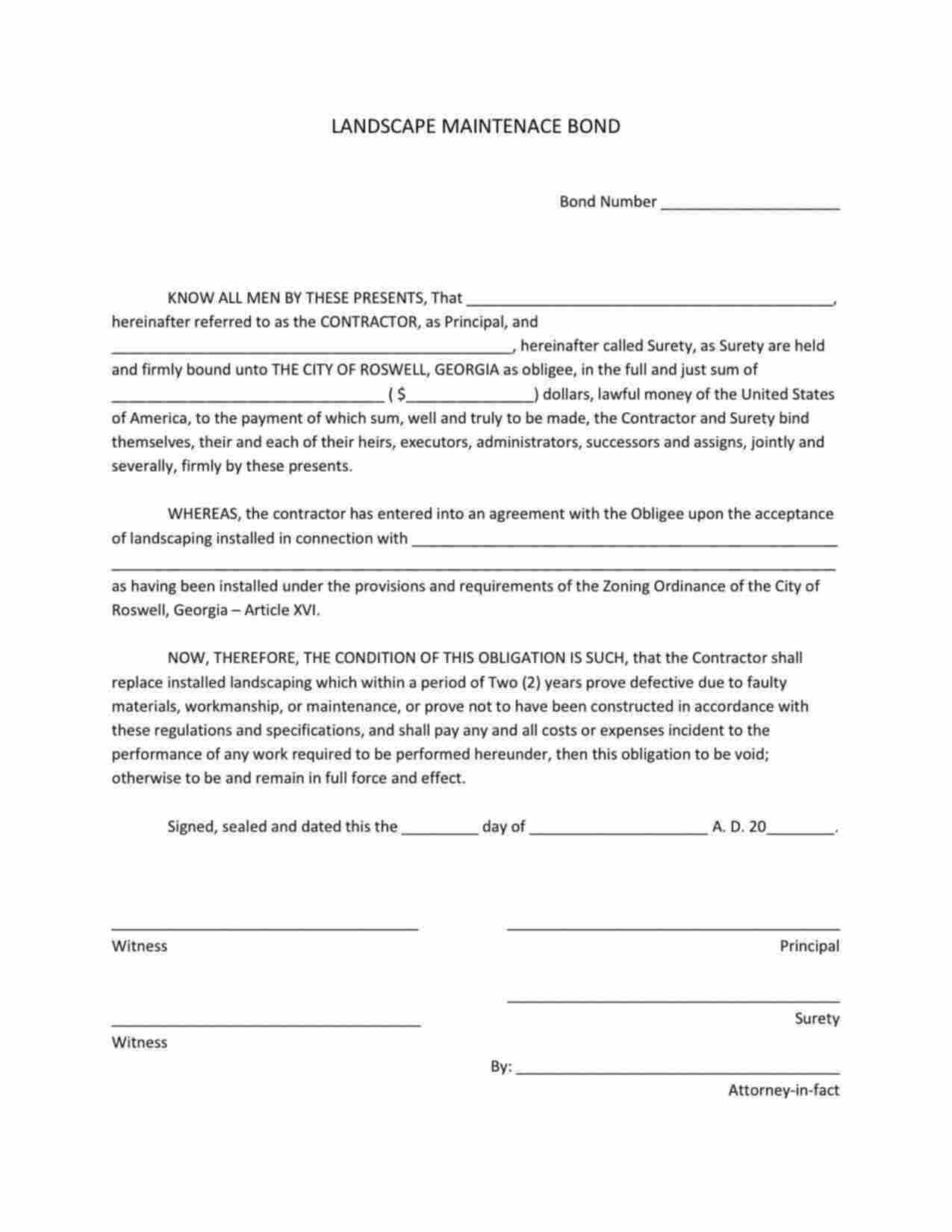 Georgia Landscape Maintenance Bond Form