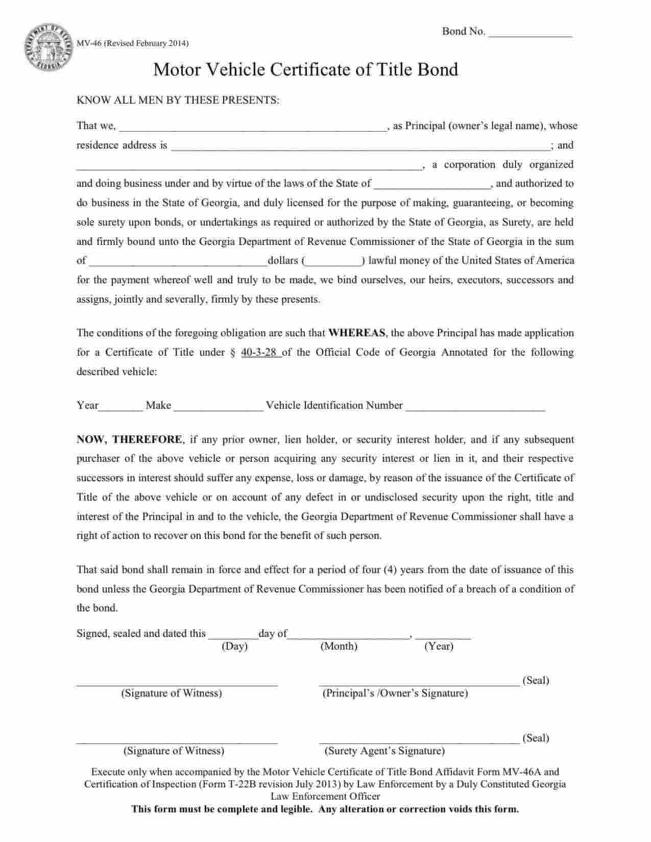 Georgia Motor Vehicle Certificate of Title Bond Form