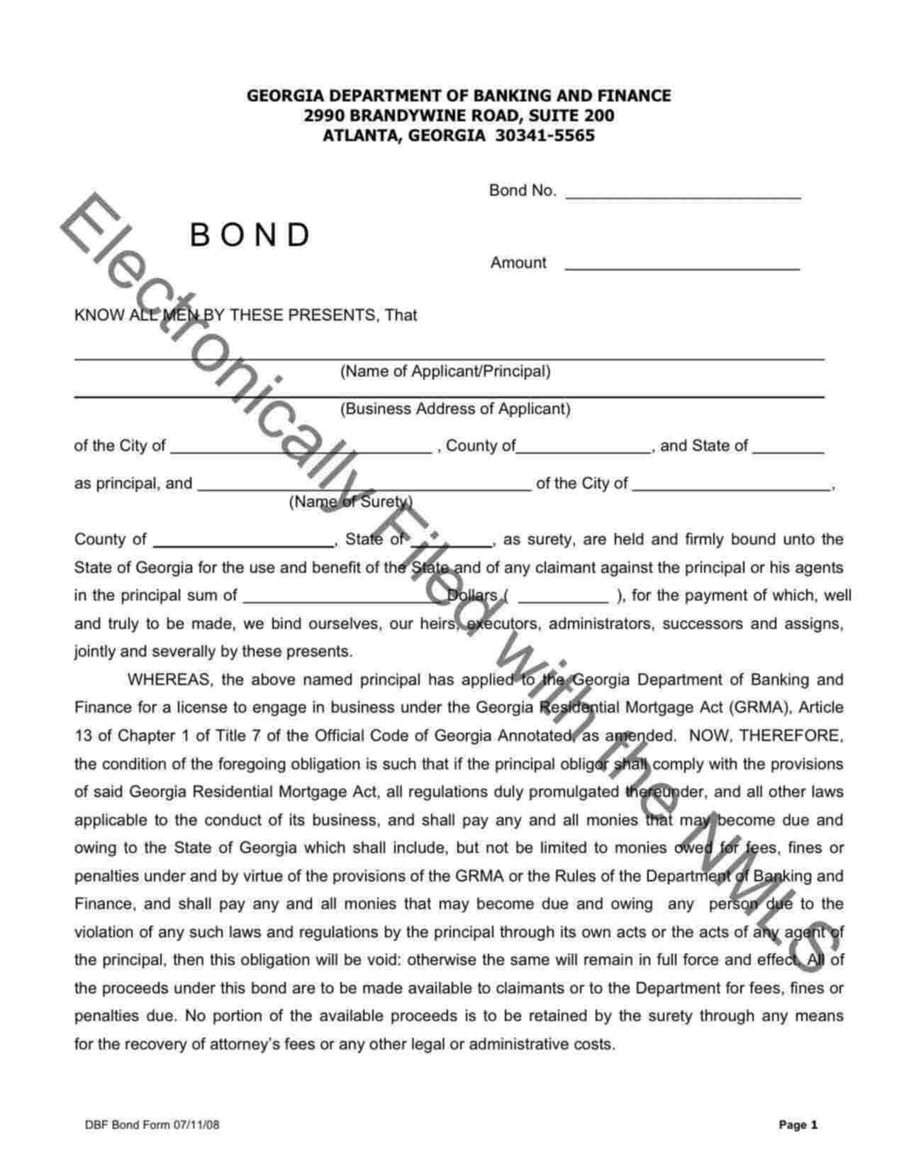 Georgia Mortgage Broker/Processor Bond Form