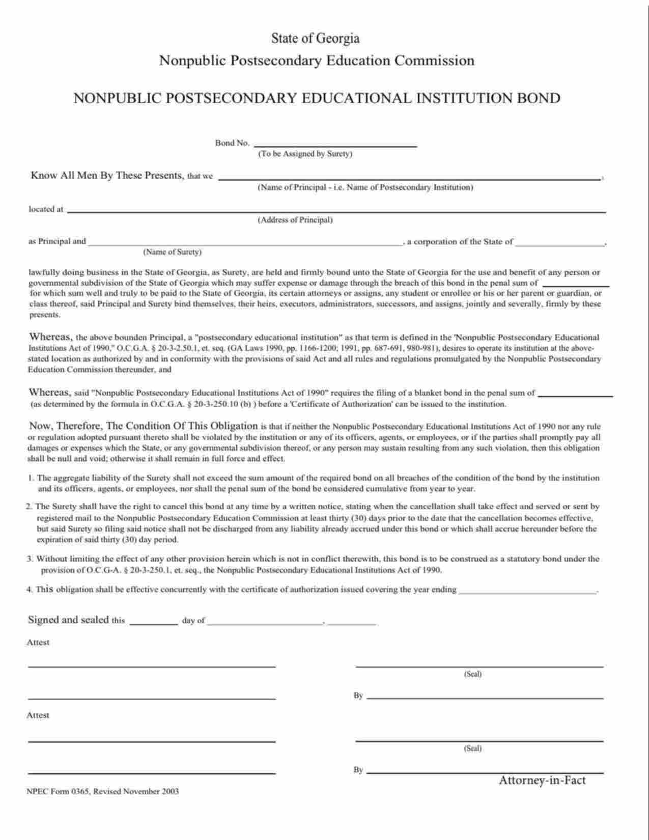 Georgia Nonpublic Postsecondary Educational Institute Bond Form