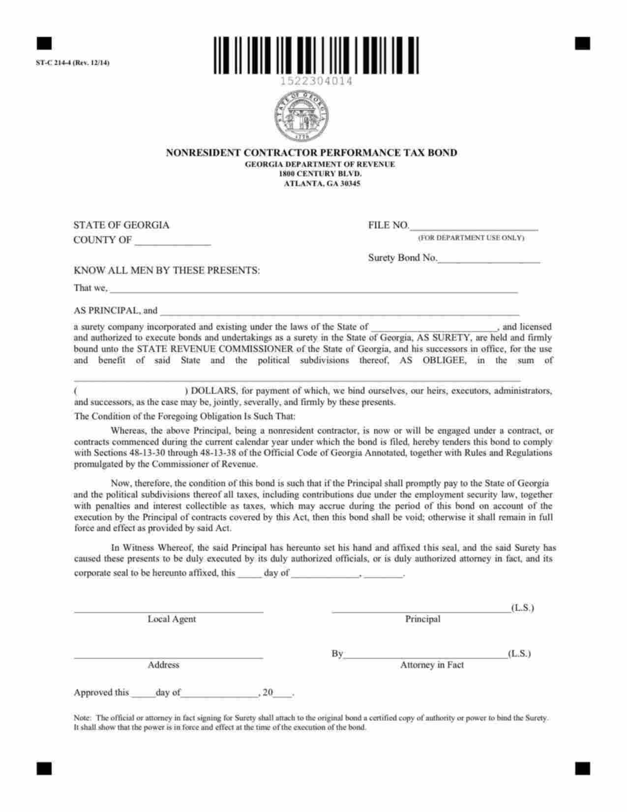 Georgia Nonresident Contractor's Performance Tax Bond Form