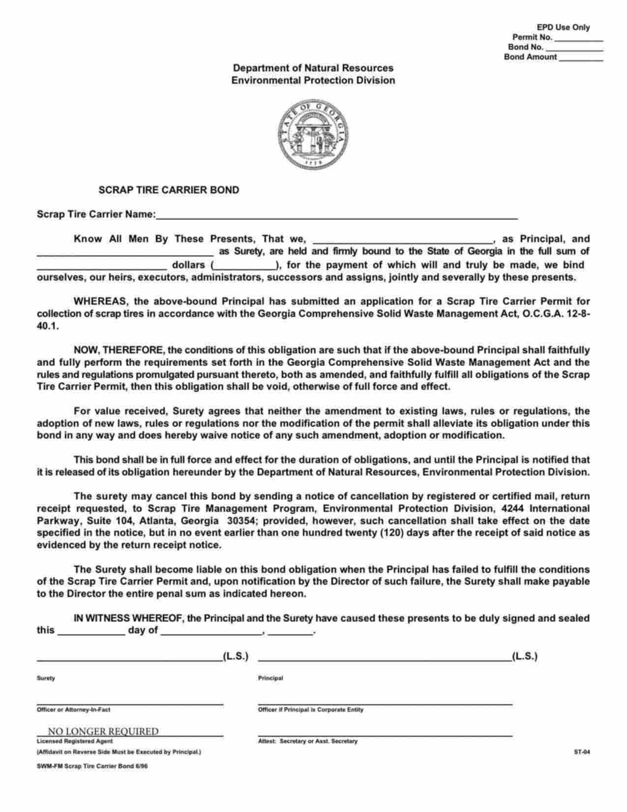 Georgia Scrap Tire Carrier Bond Form