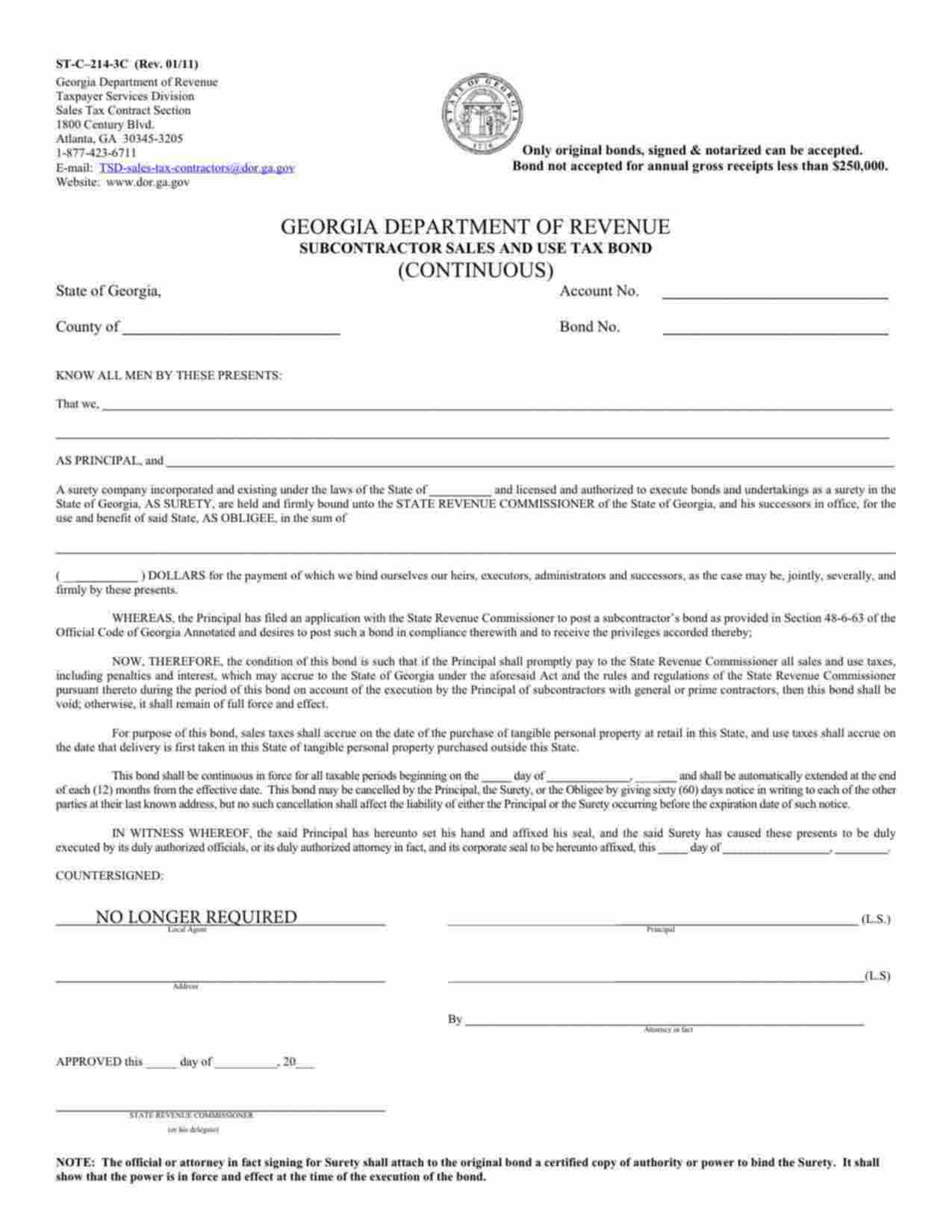 Georgia Subcontractor Sales and Use Tax Bond Form