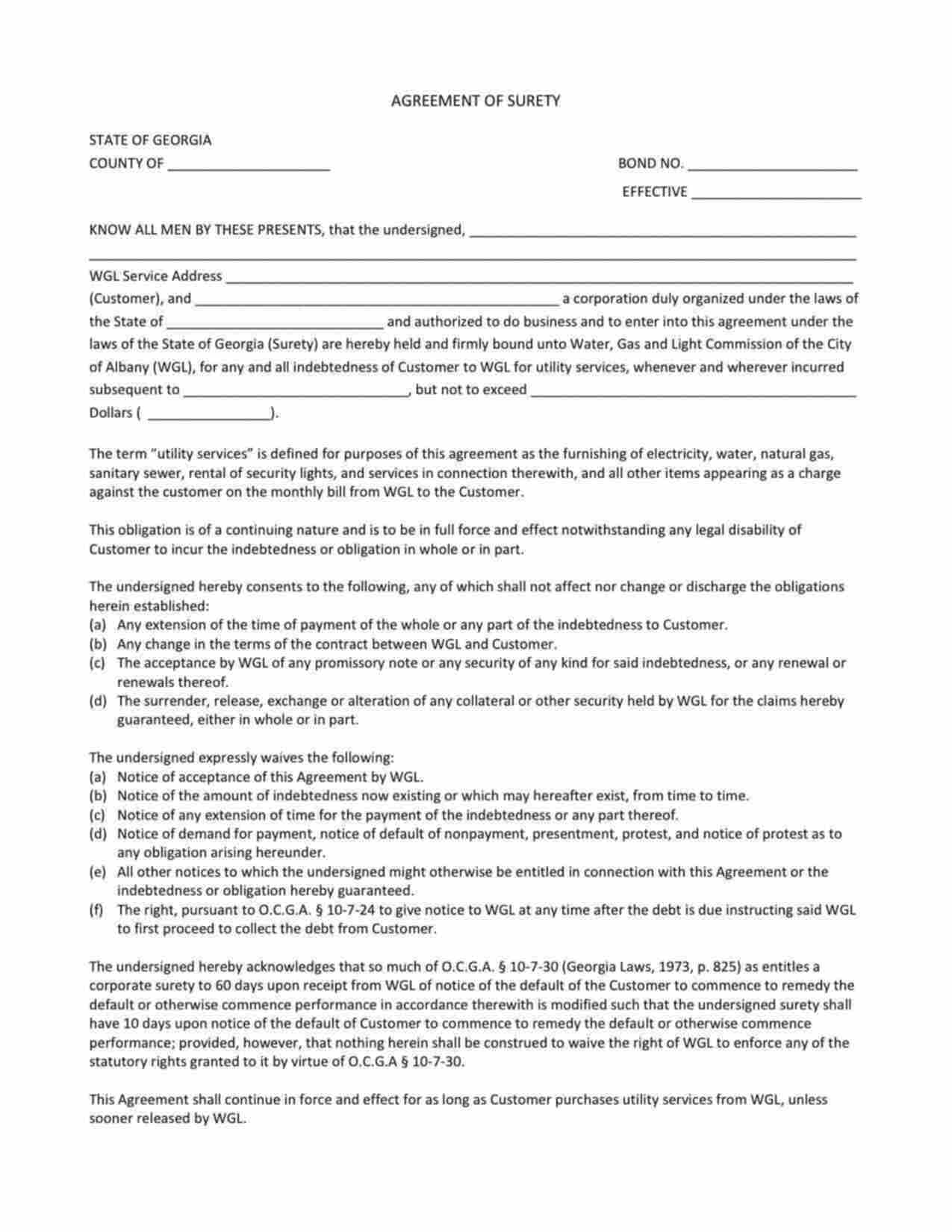 Georgia Utility Deposit Bond Form