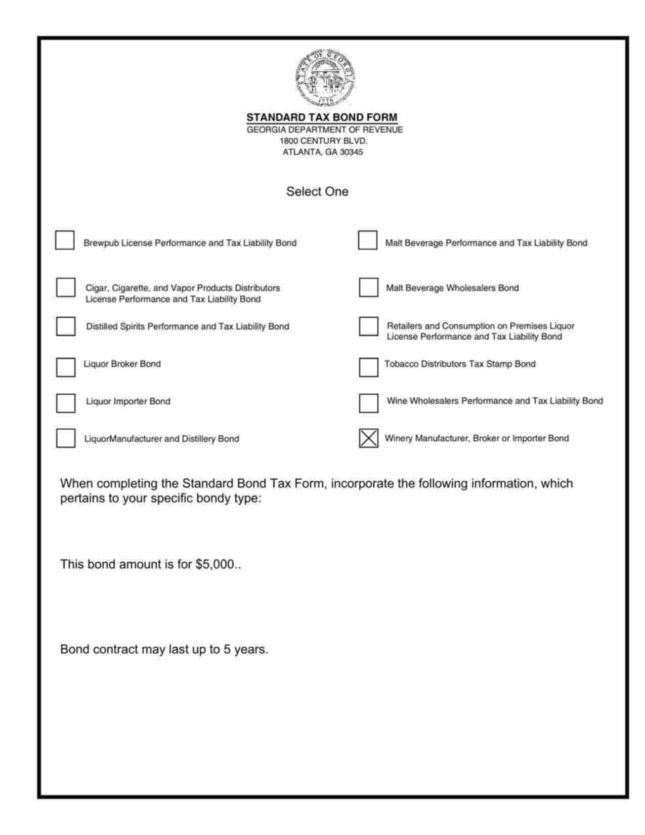 Georgia Winery Manufacturer Broker Importer Tax Bond Form