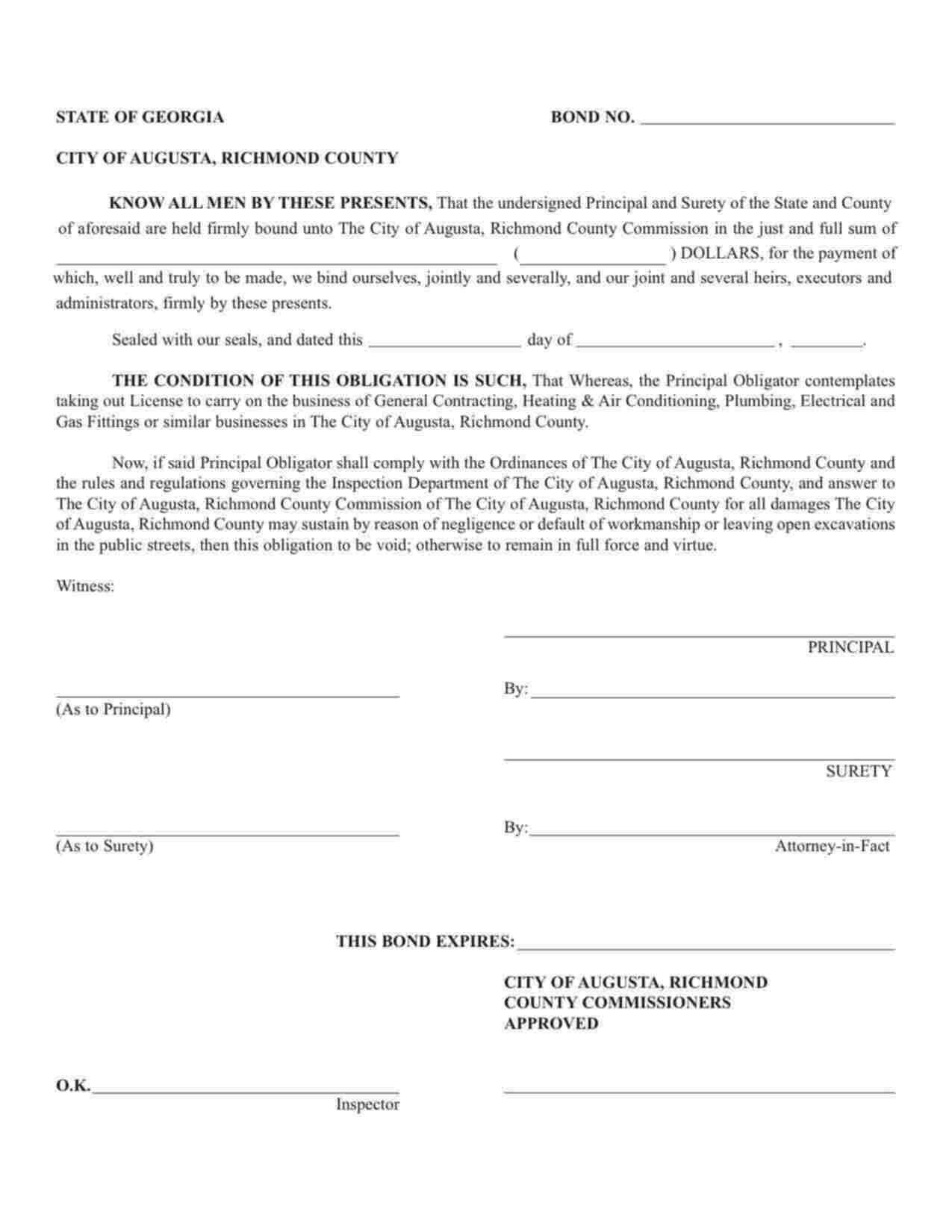 Georgia General Contracting, Plumbing, Electrical or Gas Fitting Bond Form