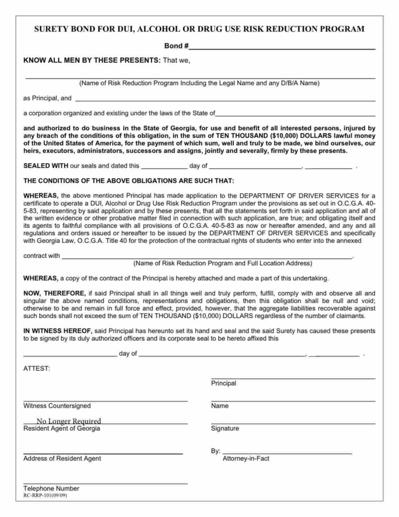 Georgia DUI, Alcohol or Drug Use Risk Reduction Program Bond Form