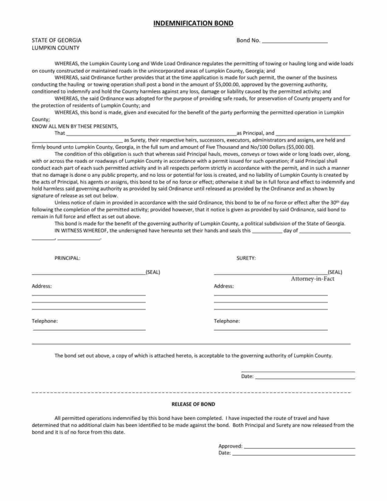 Georgia Towing or Hauling Long and Wide Loads Permit Bond Form