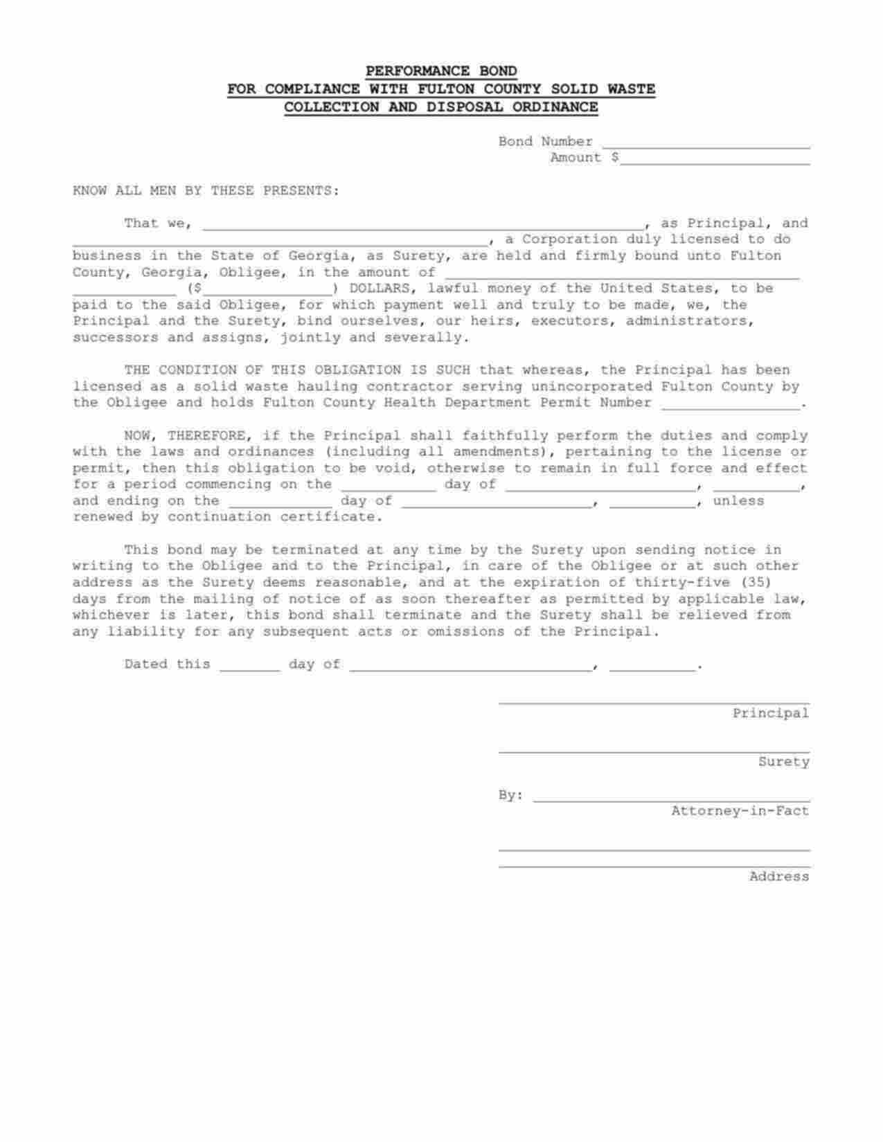 Georgia Solid Waste Collection and Disposal Performance Bond Form