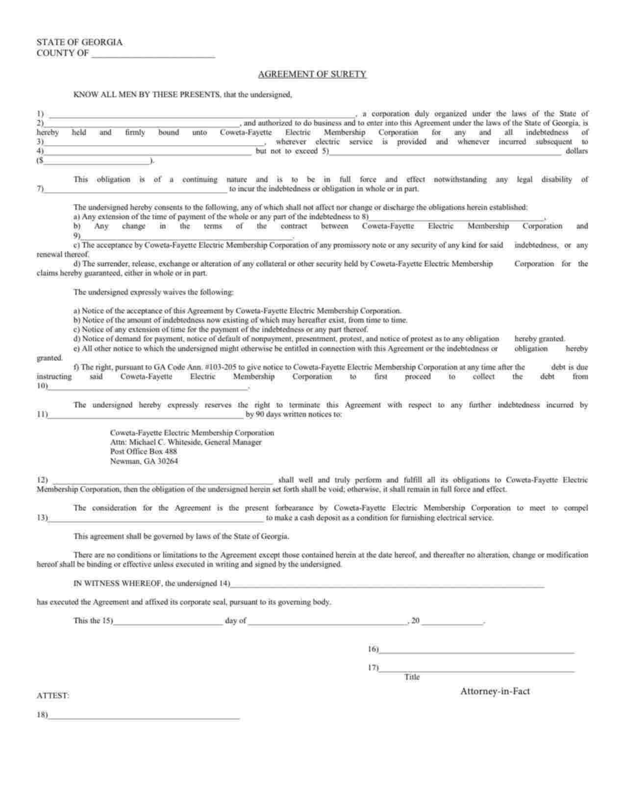 Georgia Utility Deposit Bond Form