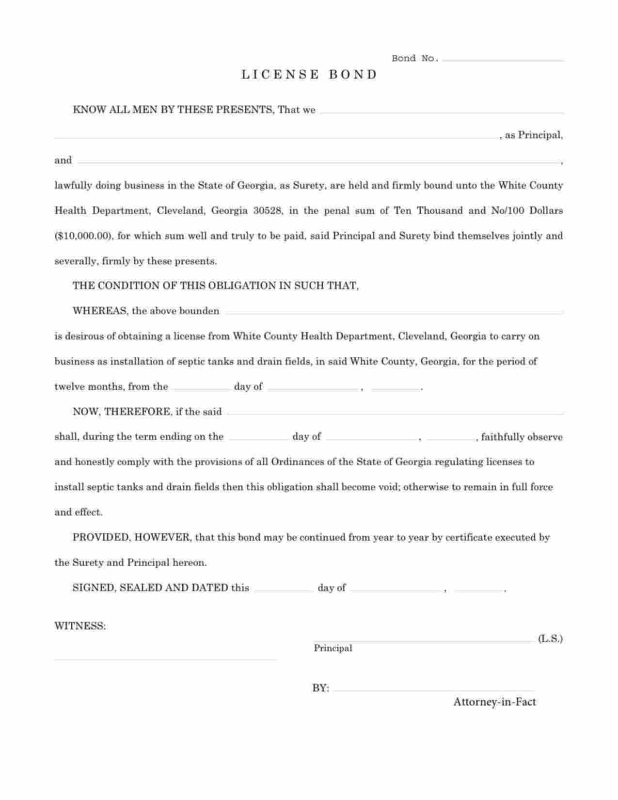 Georgia Septic Tank/Grease Trap Installer or Repairer Bond Form