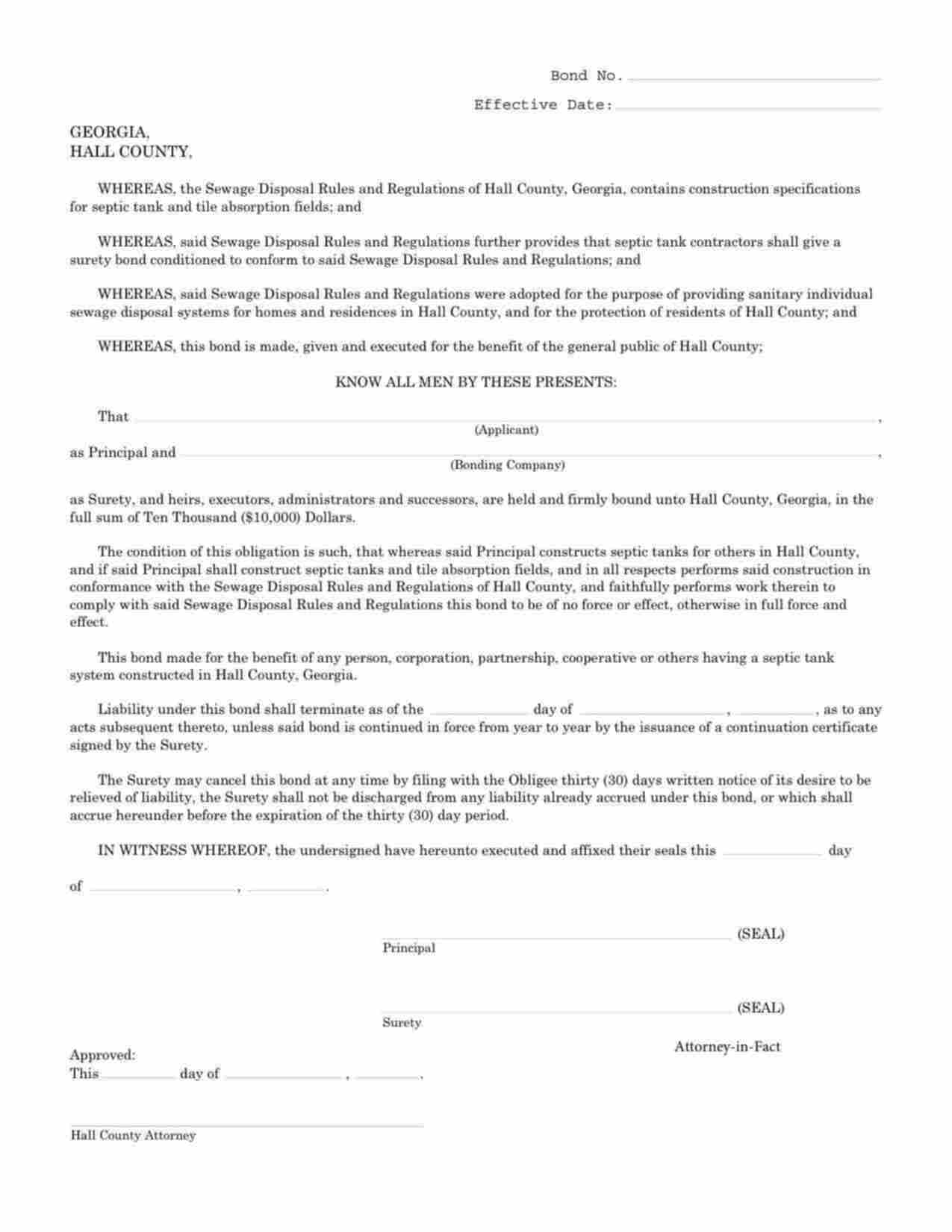 Georgia Septic Tank Contractor Bond Form