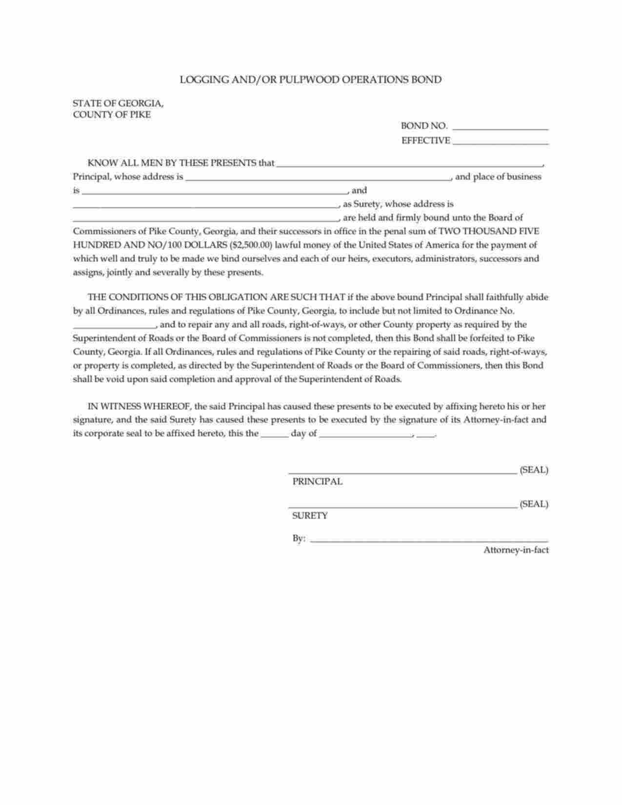 Georgia Logging and/or Pulpwood Operations Bond Form