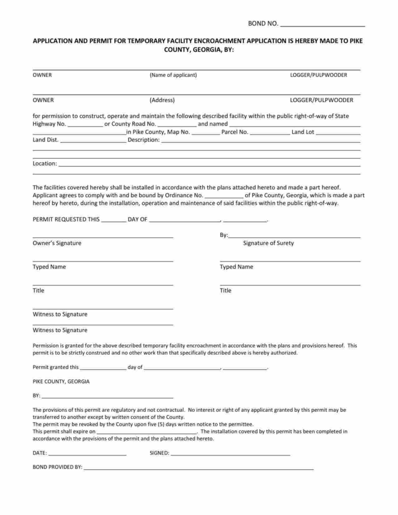 Georgia Logger/Pulpwooder Temporary Facility Encroachment Bond Form