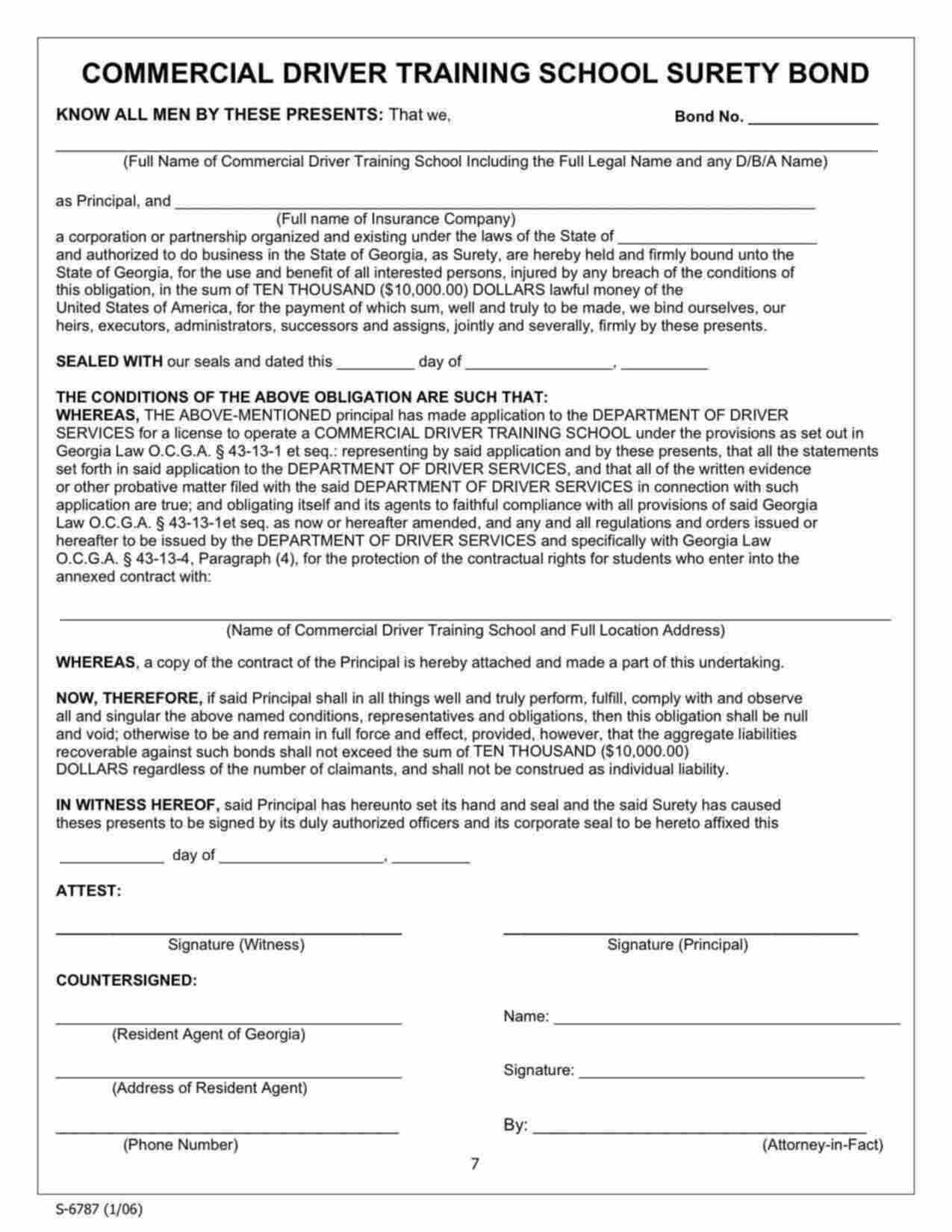 Georgia Commercial Driver Training School Bond Form