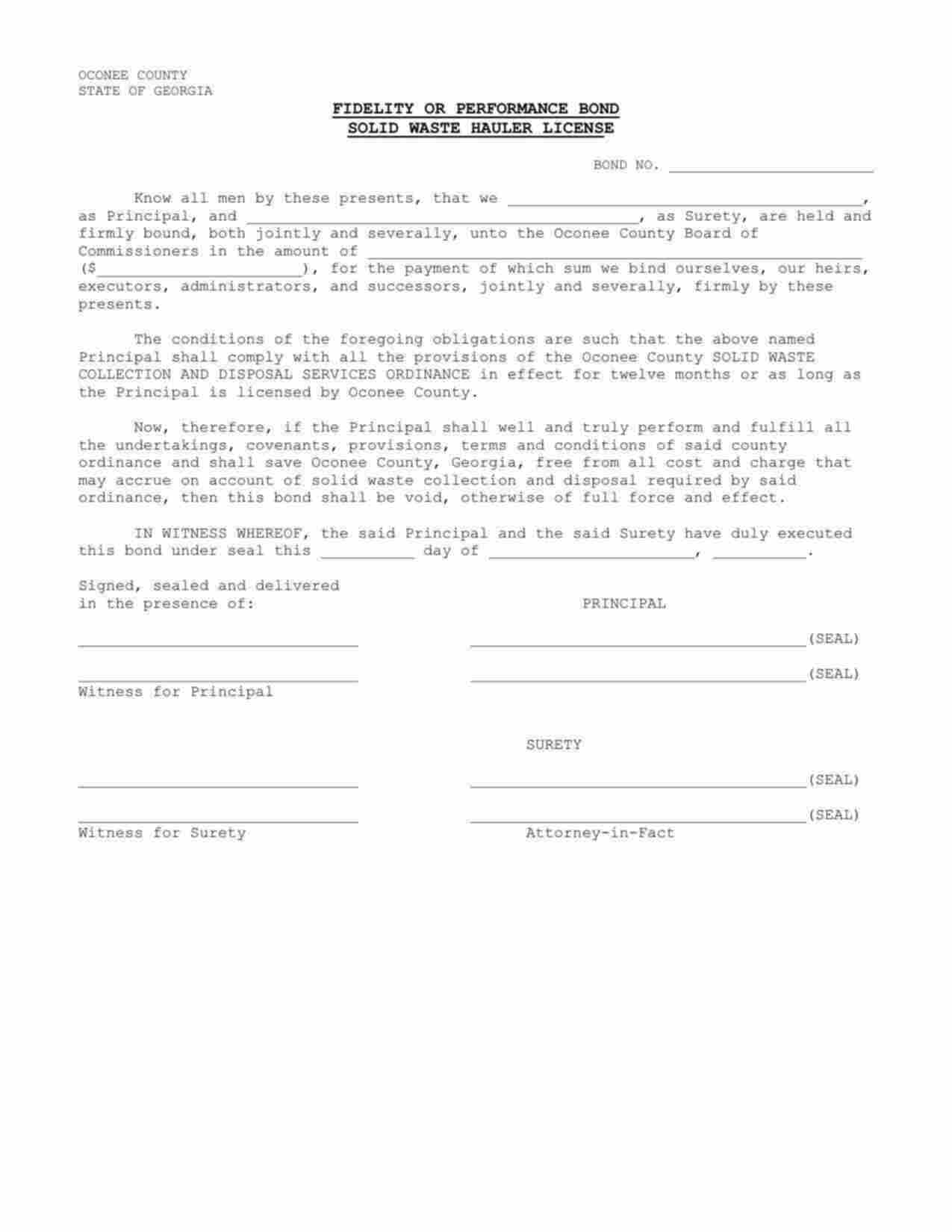 Georgia Solid Waste Hauler License Bond Form