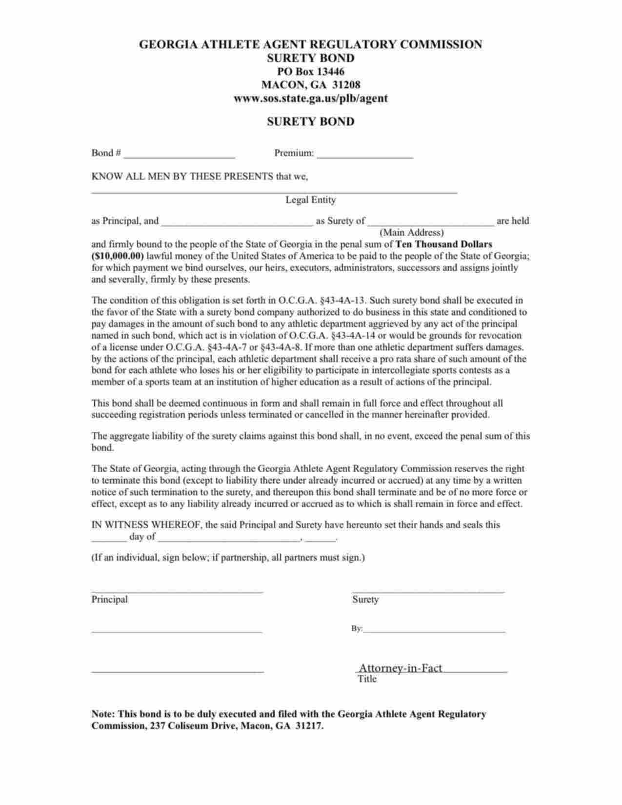 Georgia Athlete Agent Bond Form