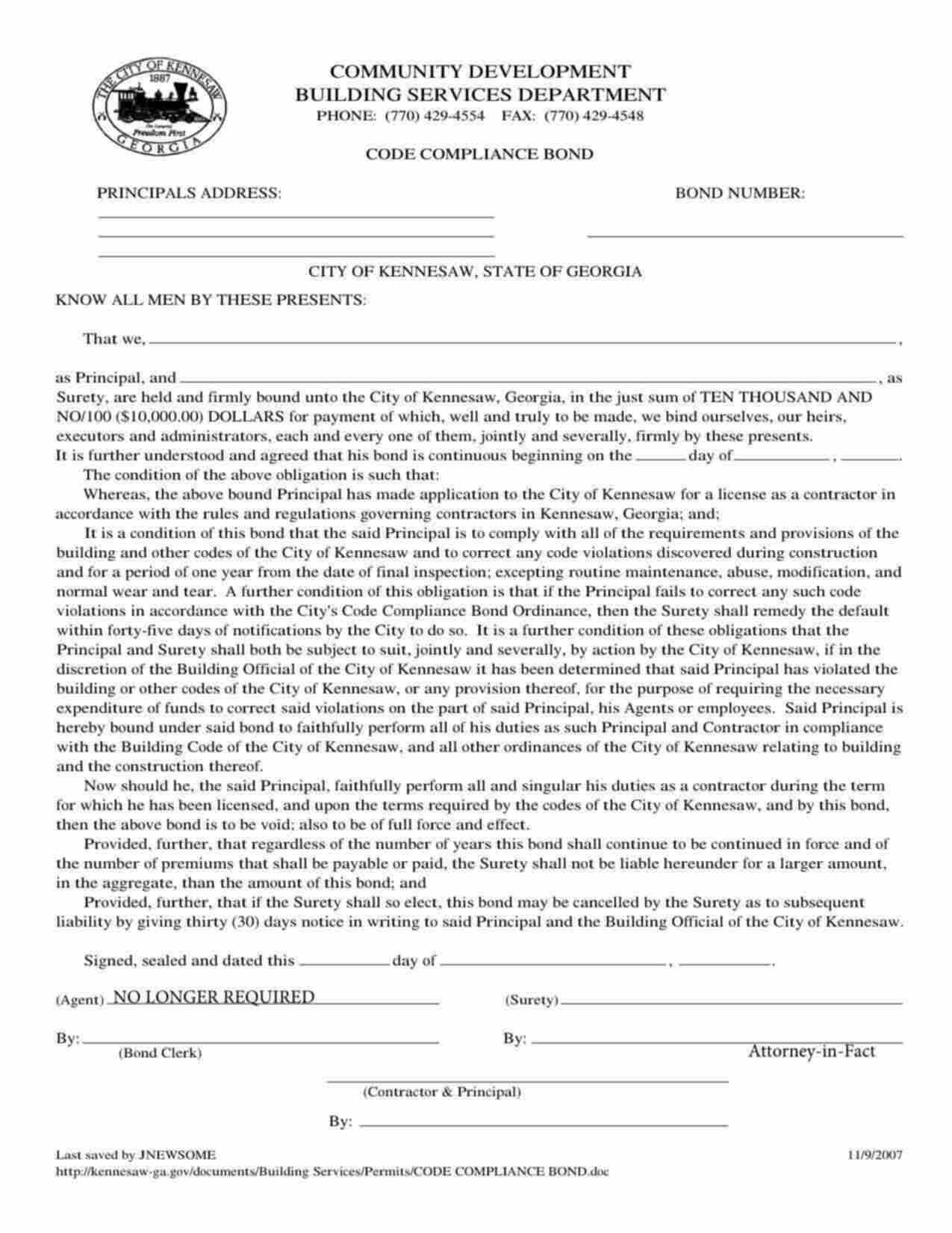 Georgia Contractor's Code Compliance Bond Form