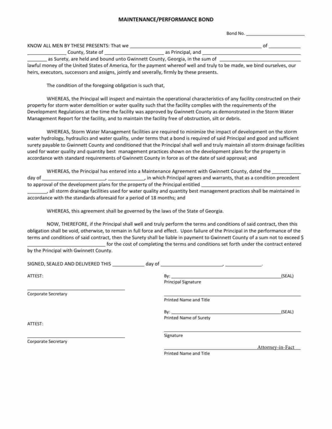 Georgia Stormwater Management Facilities Maintenance/Performance Bond Form