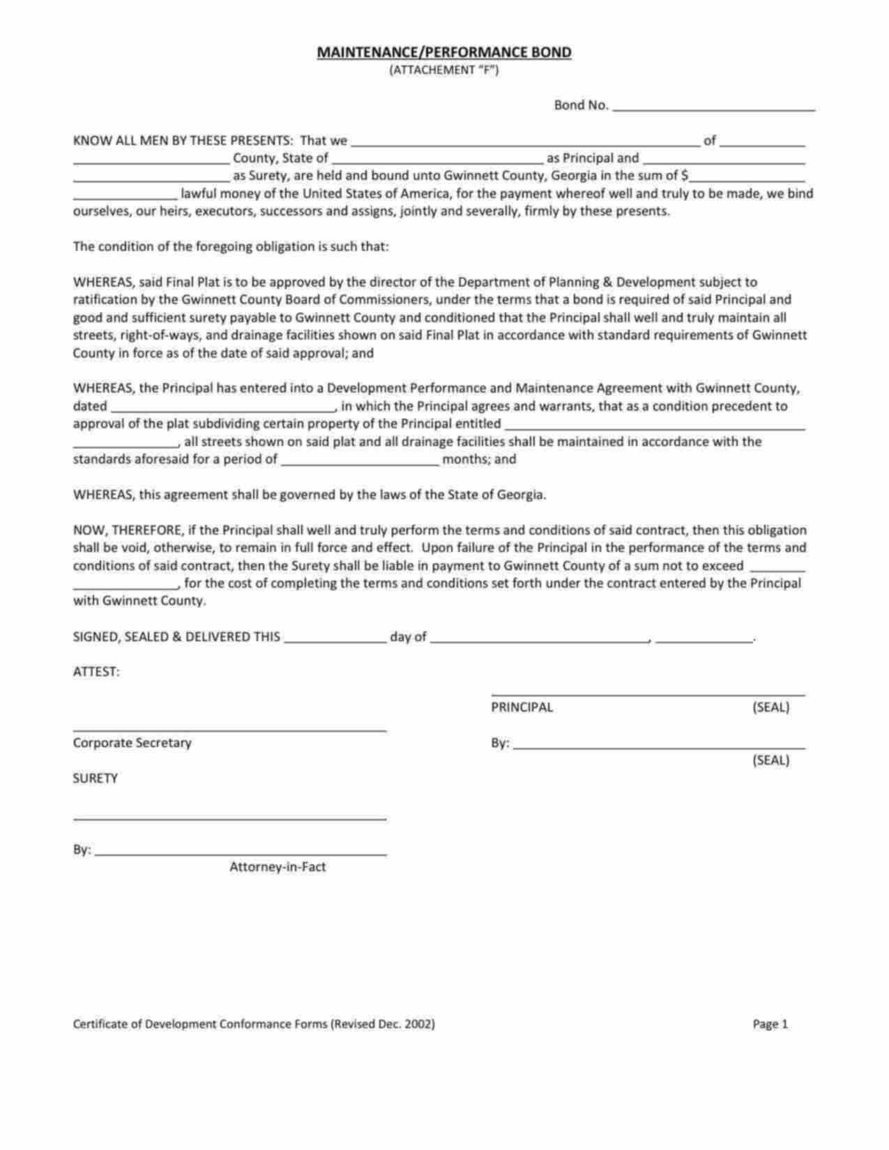 Georgia Subdivision Maintenance/Performance Bond Form