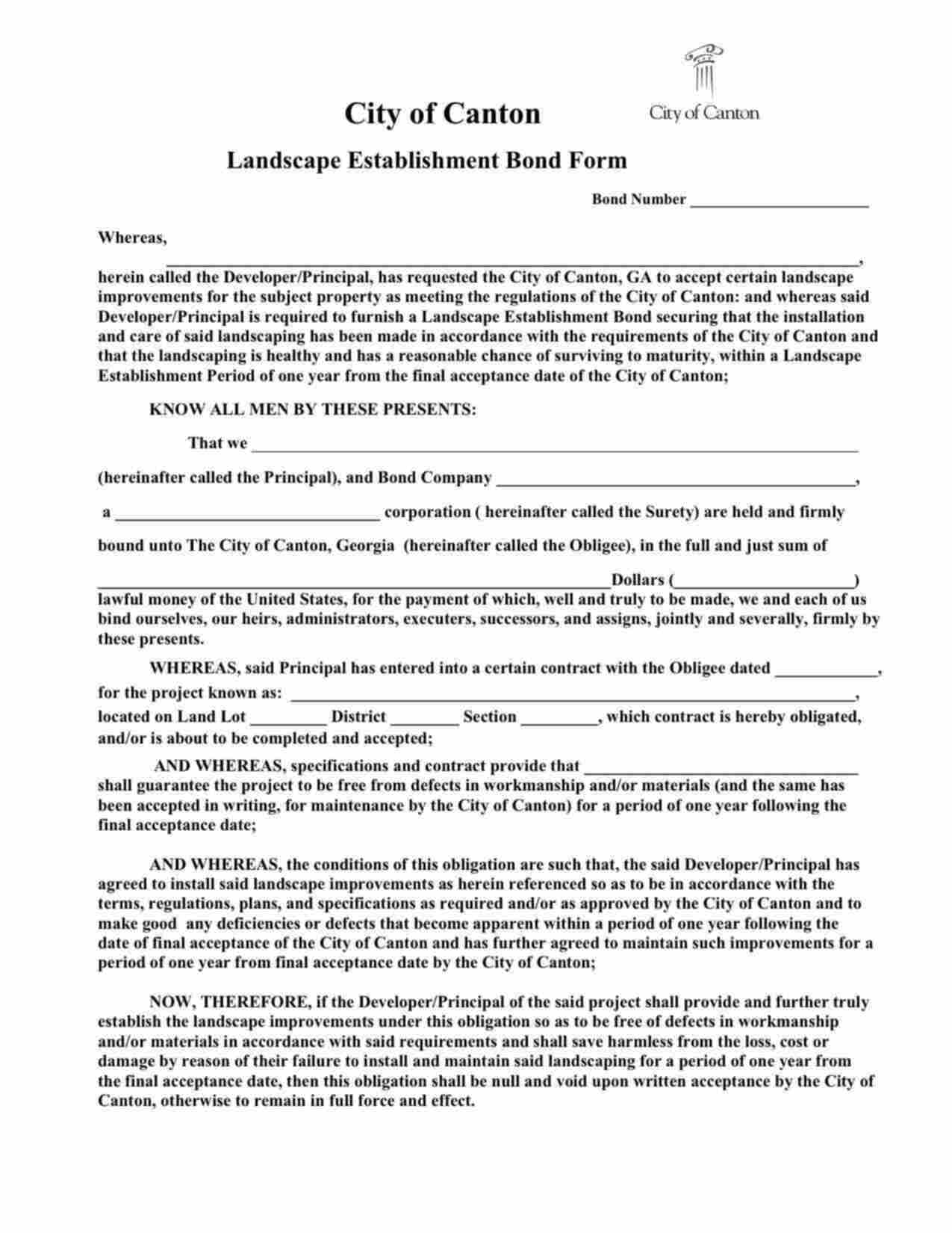 Georgia Landscape Establishment Bond Form