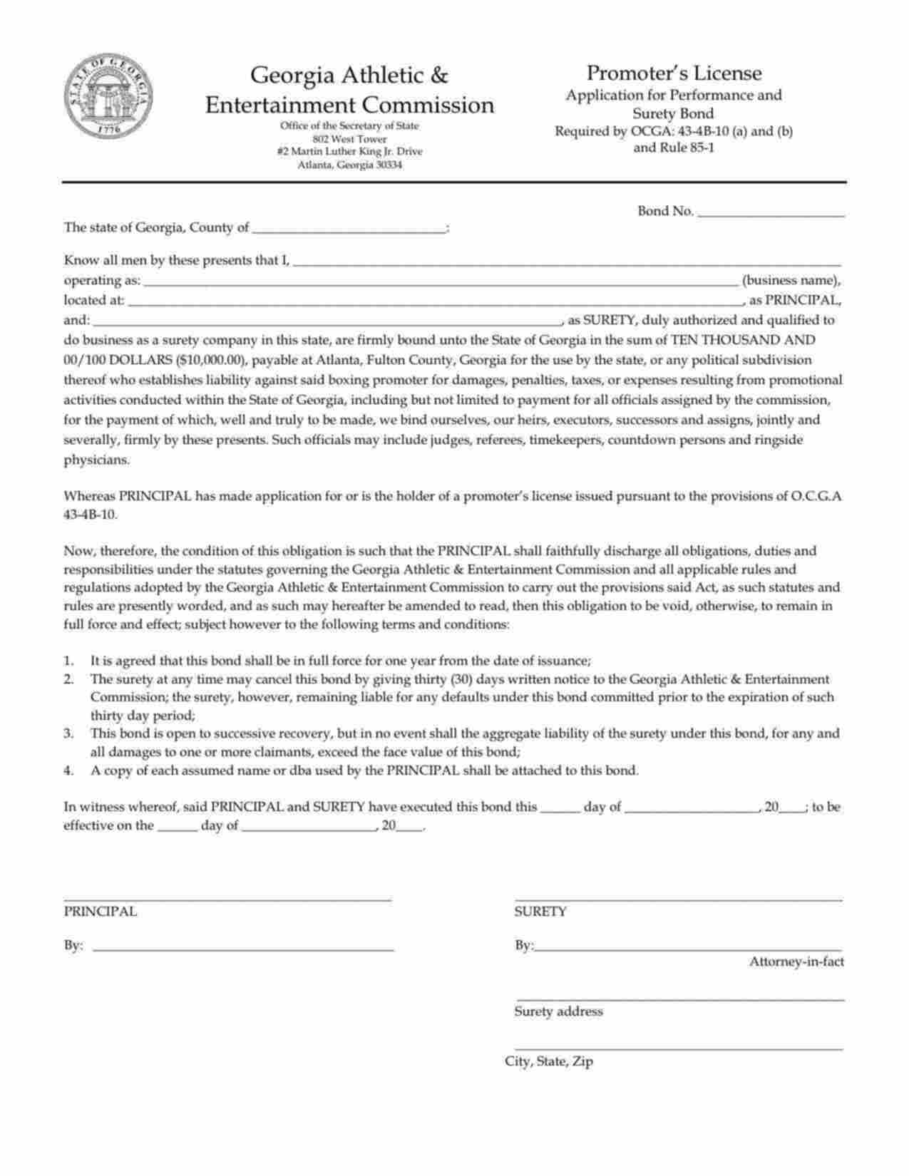 Georgia Boxing Promoter's License Bond Form