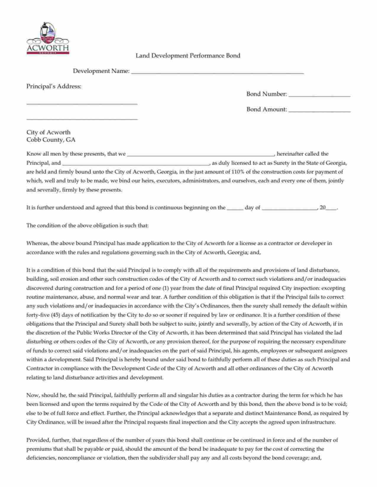 Georgia Land Development Performance Bond Form