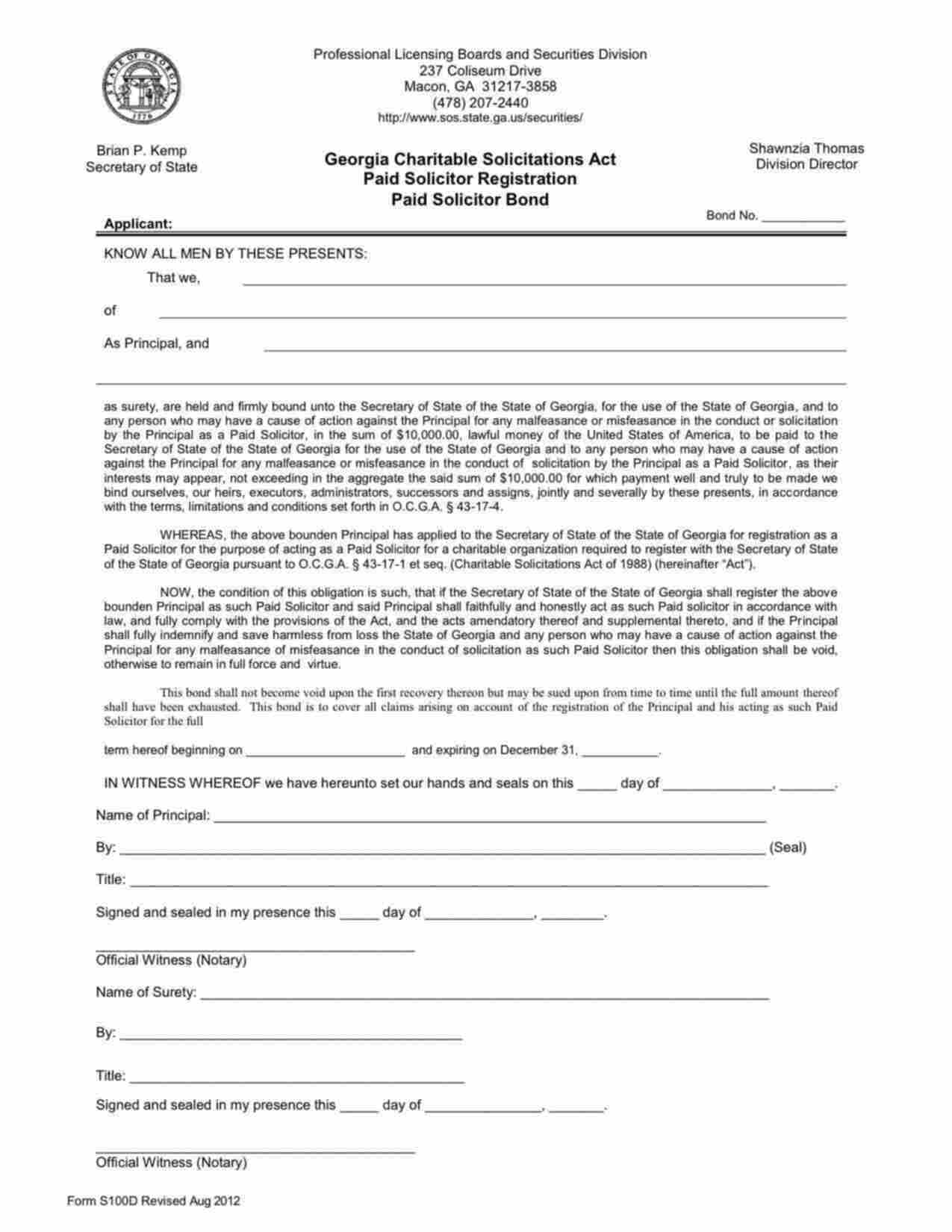 Georgia Paid Solicitor Bond Form