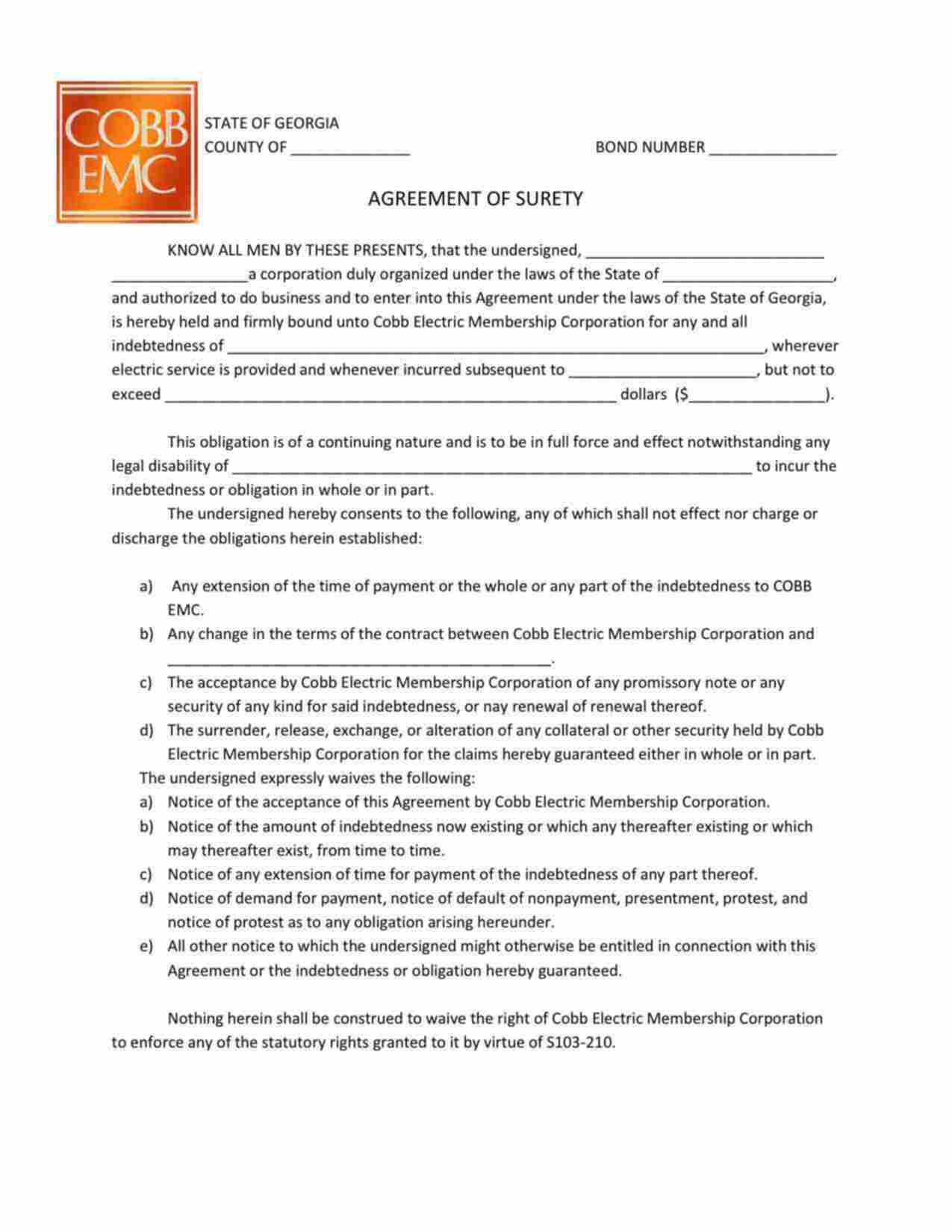 Georgia Utility Deposit Bond Form