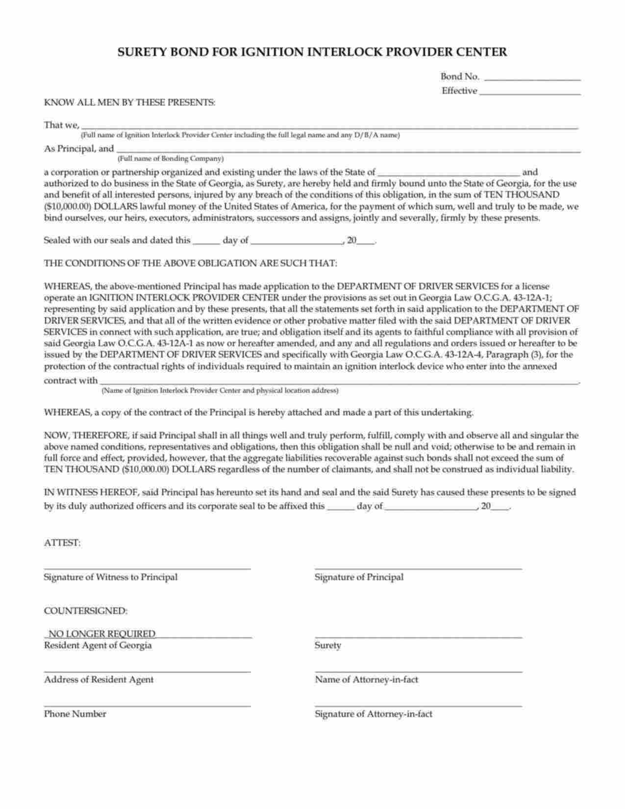 Georgia Ignition Interlock Provider Center Bond Form