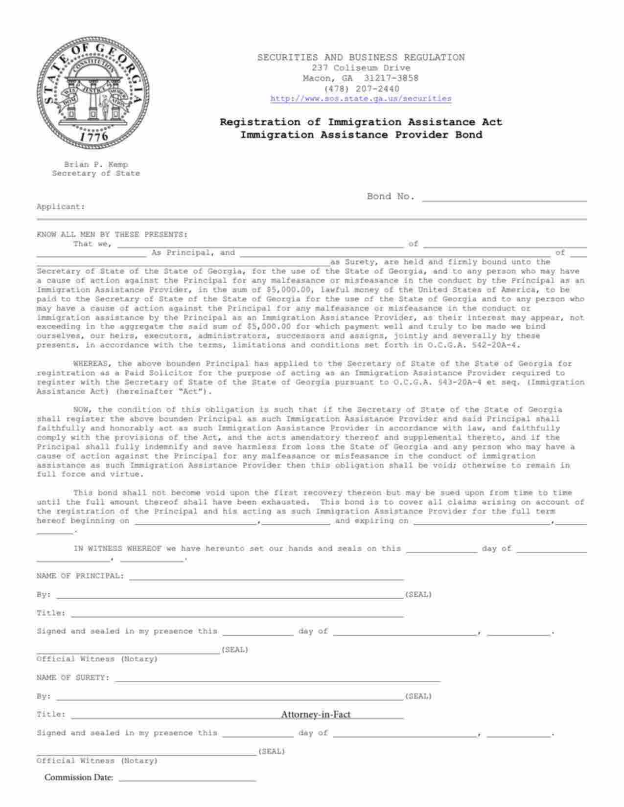 Georgia Immigration Assistance Provider Bond Form