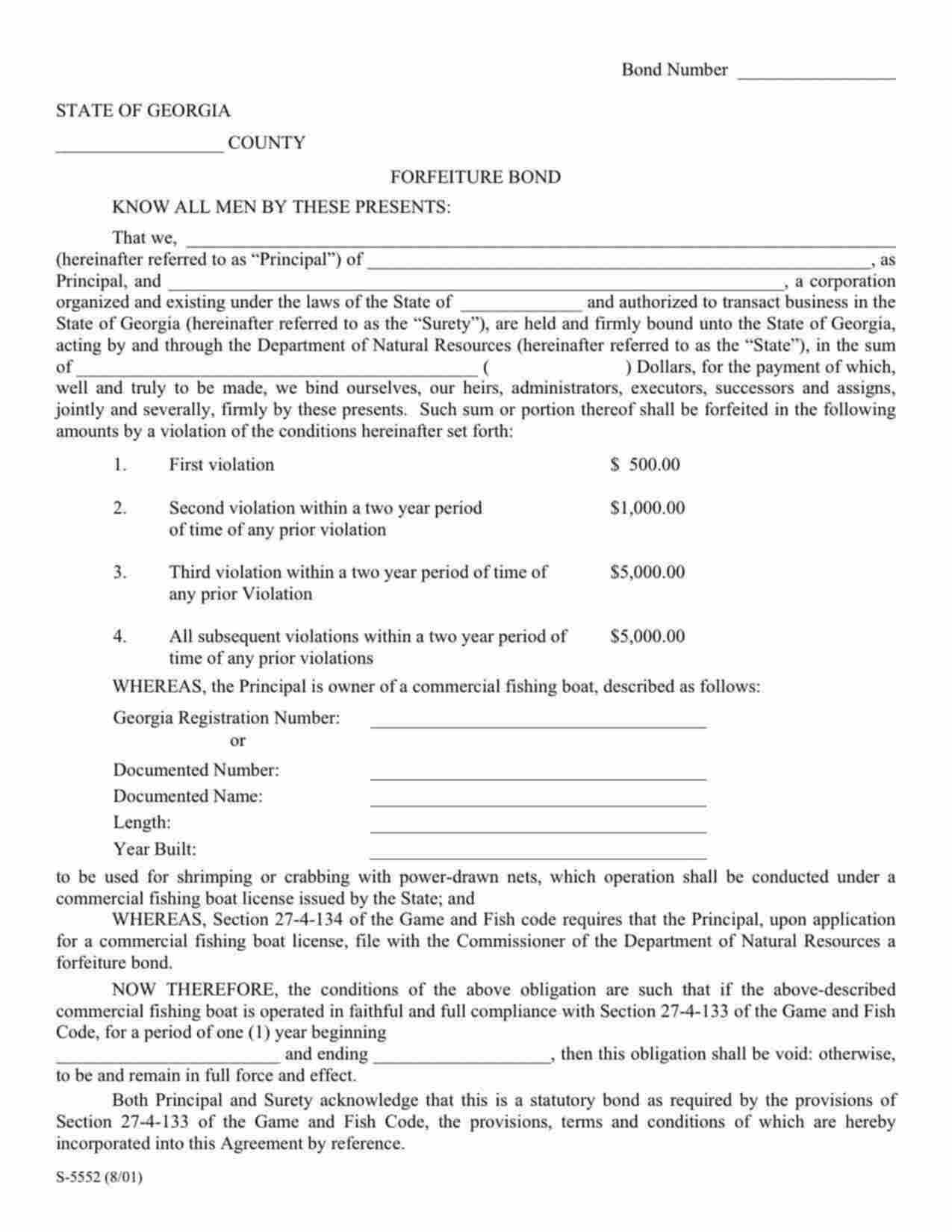 Georgia Commercial Fisherman Forfeiture Bond Form