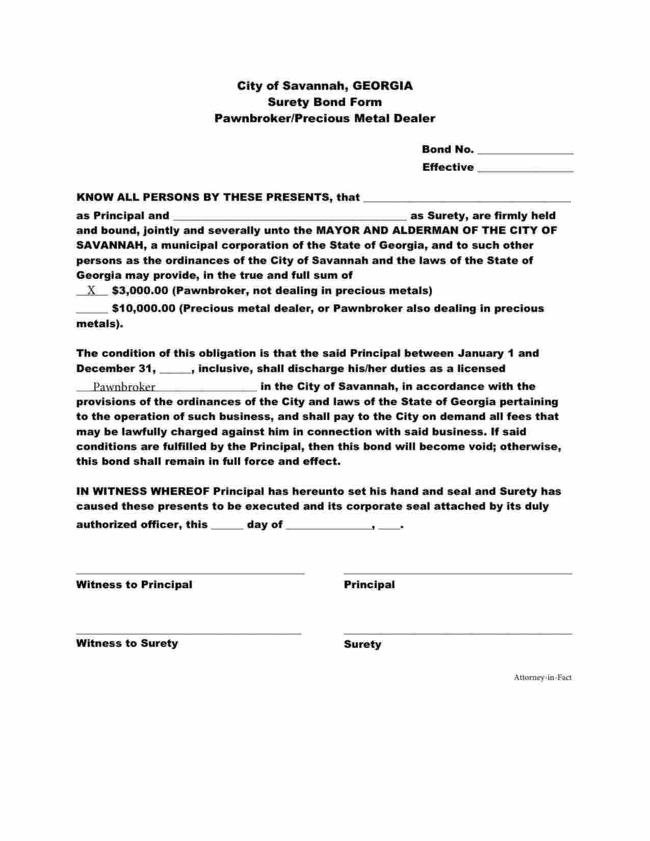 Georgia Pawnbroker Bond Form