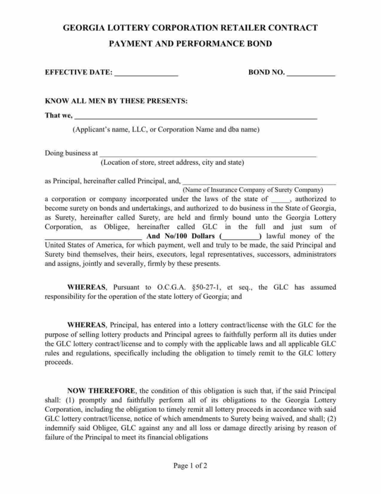 Georgia Lottery Retailer Contract Payment and Performance Bond Form