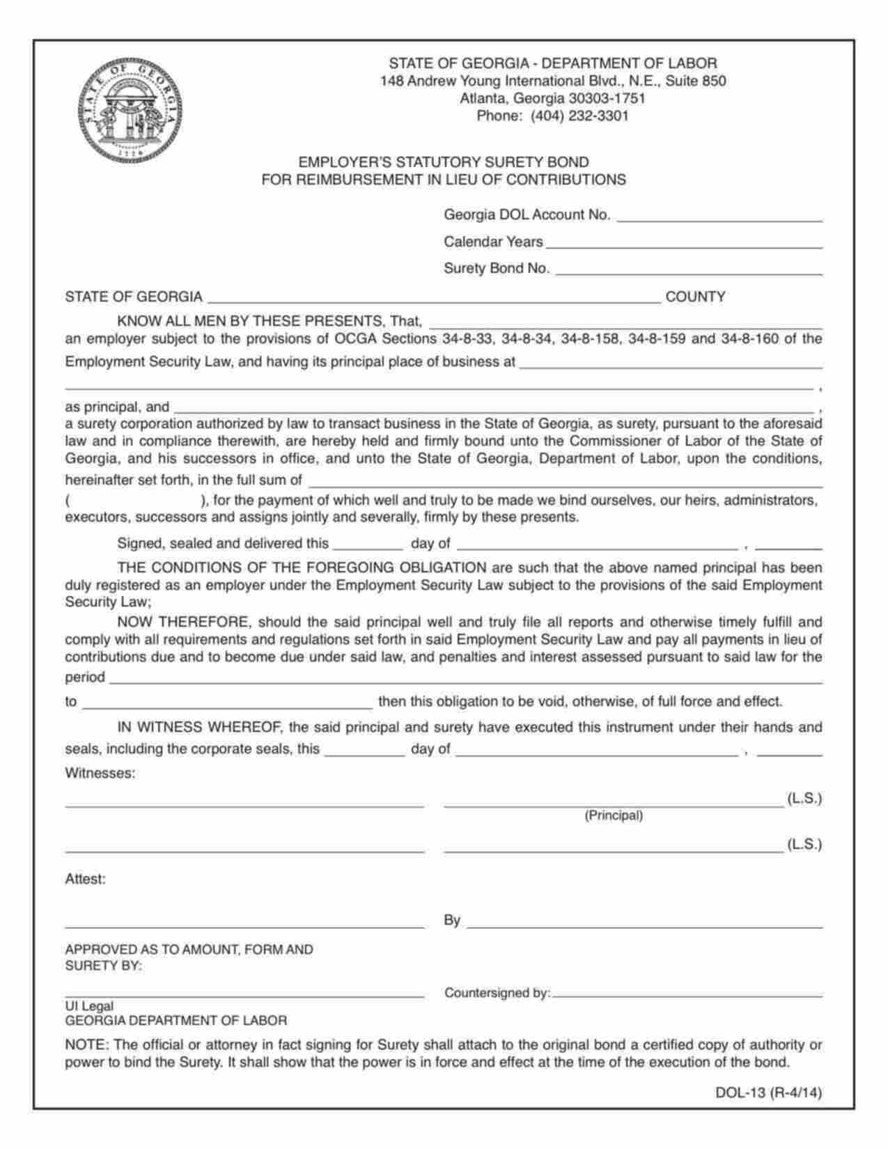 Georgia Employer's Reimbursement in Lieu of Contributions Bond Form