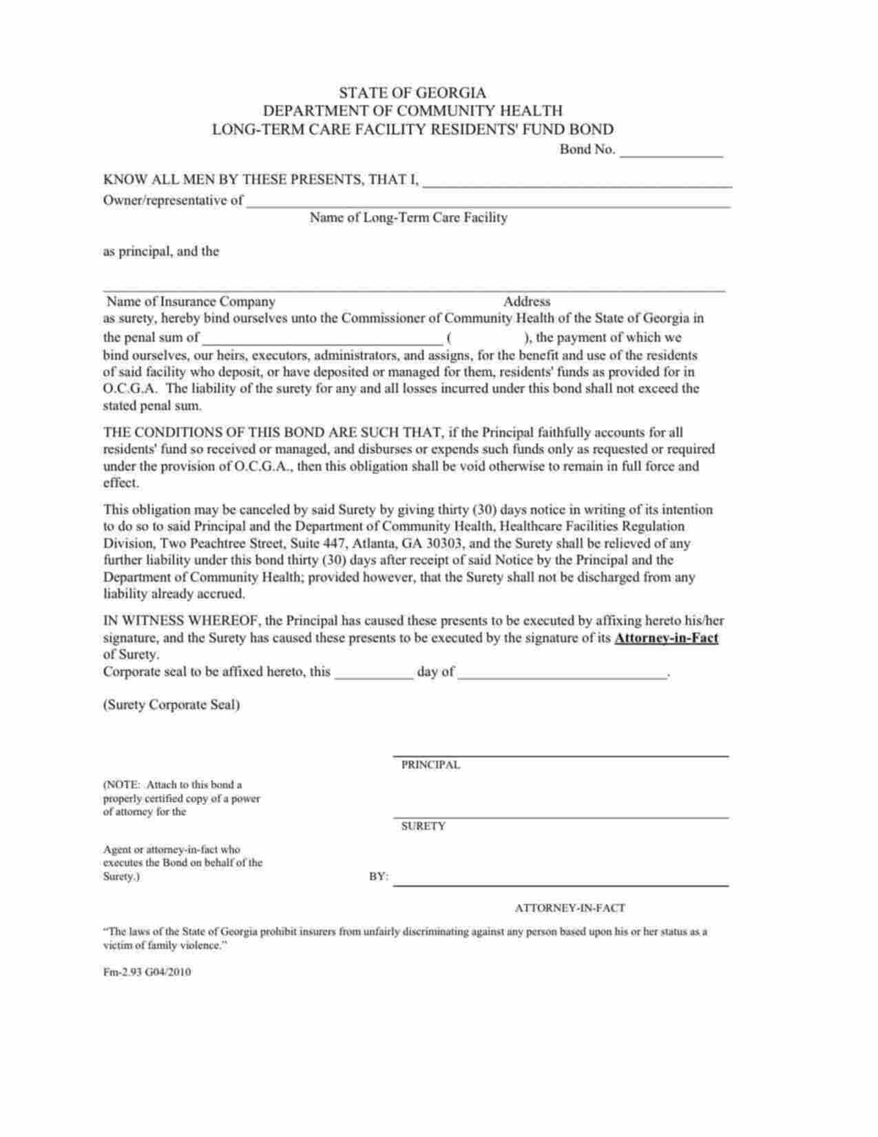 Georgia Long-Term Care Facility Resident's Fund Bond Form