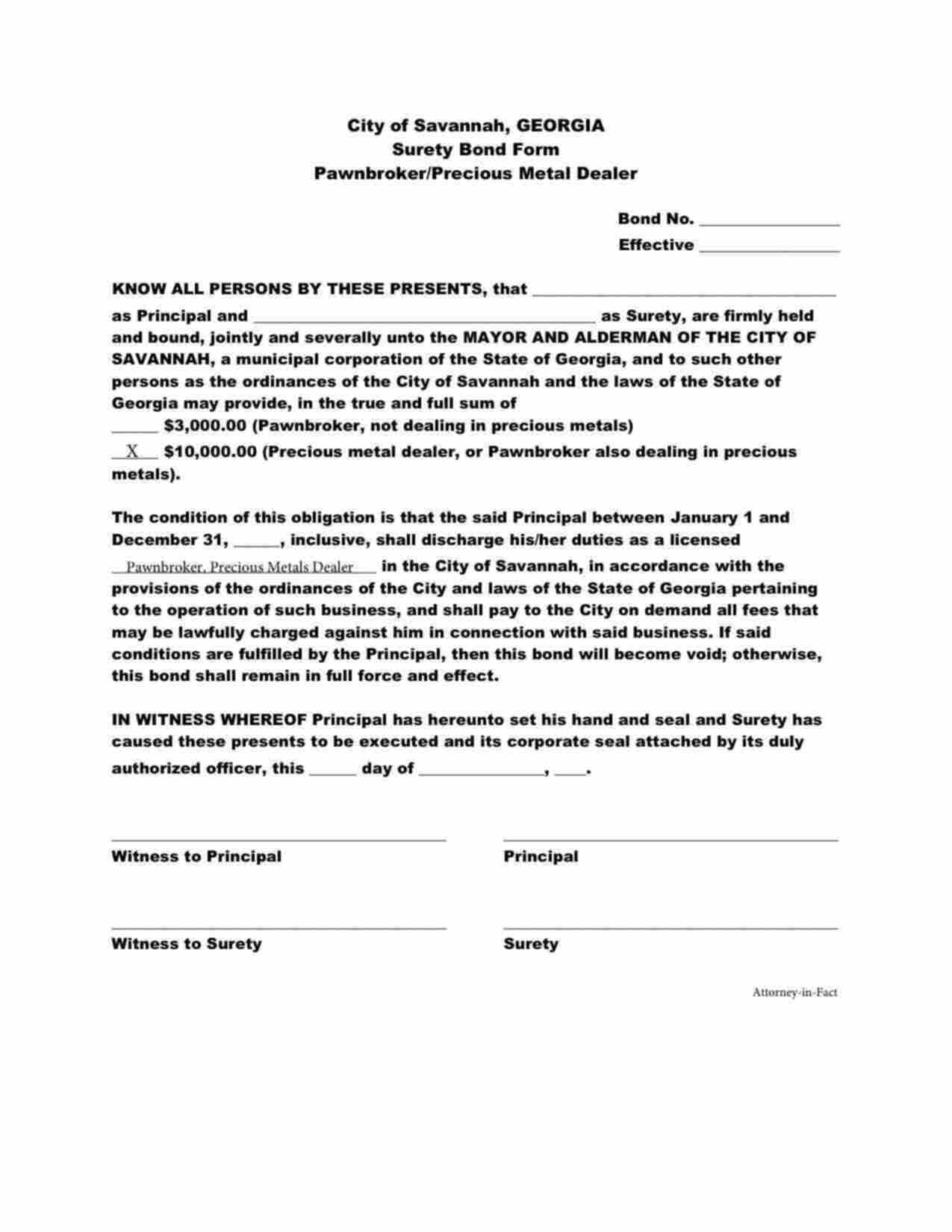 Georgia Precious Metals Dealer or Pawnbroker/Precious Metals Dealer Bond Form