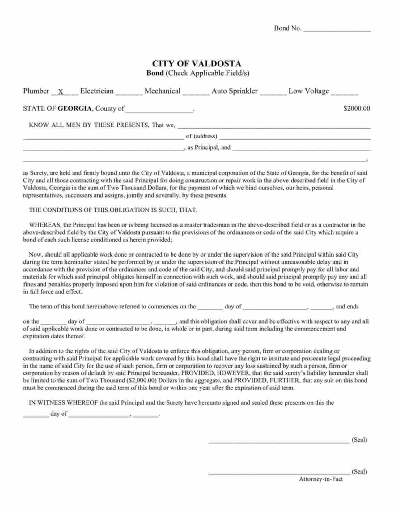 Georgia Auto Sprinkler Contractor Bond Form