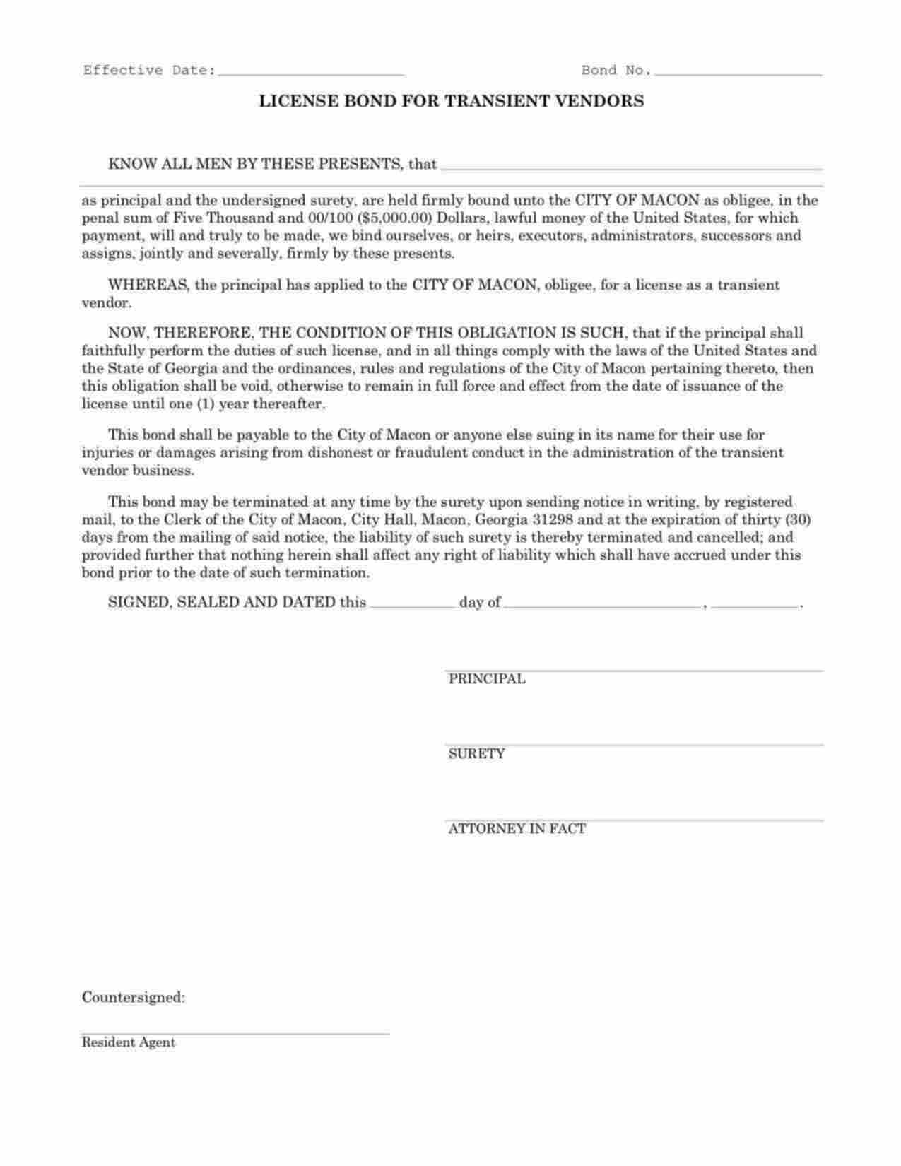 Georgia Transient Vendor Bond Form