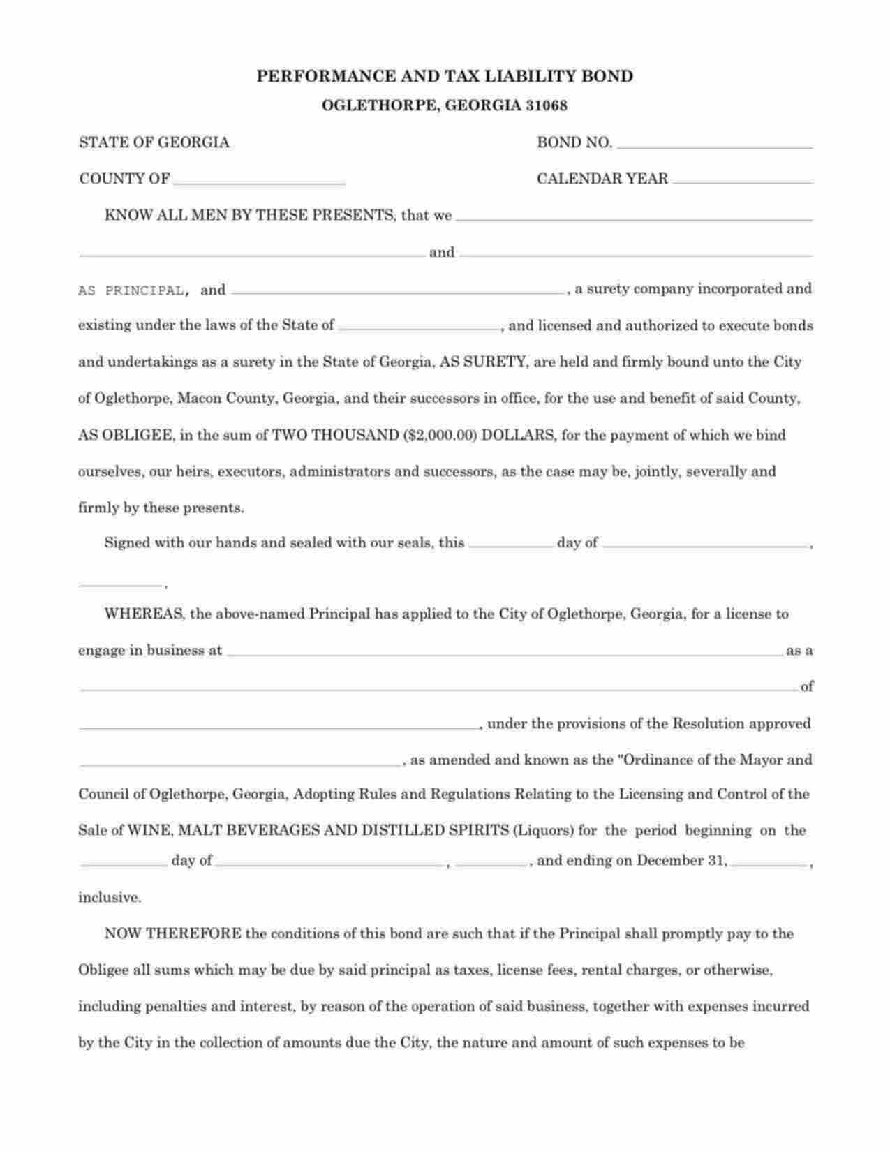 Georgia Sale of Wine, Malt Beverages and Distilled Spirits Bond Form