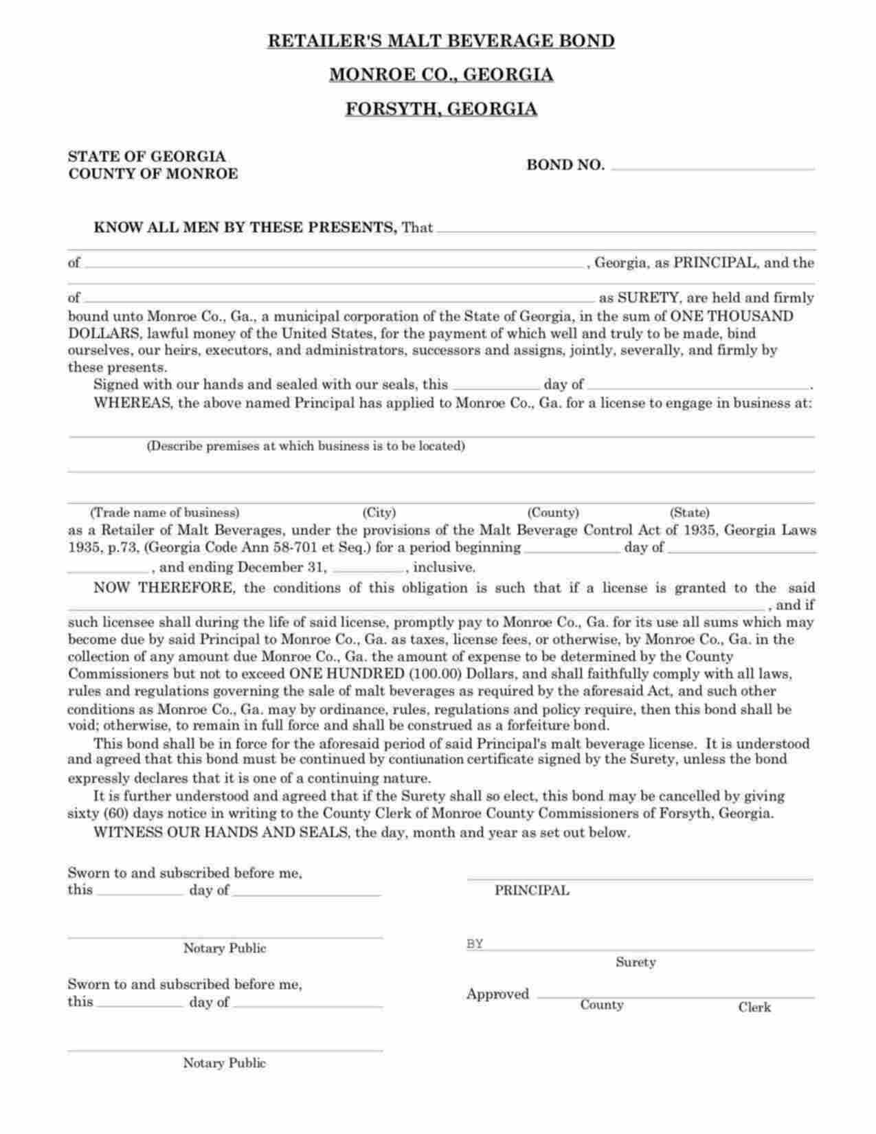 Georgia Retailer's Malt Beverage Bond Form