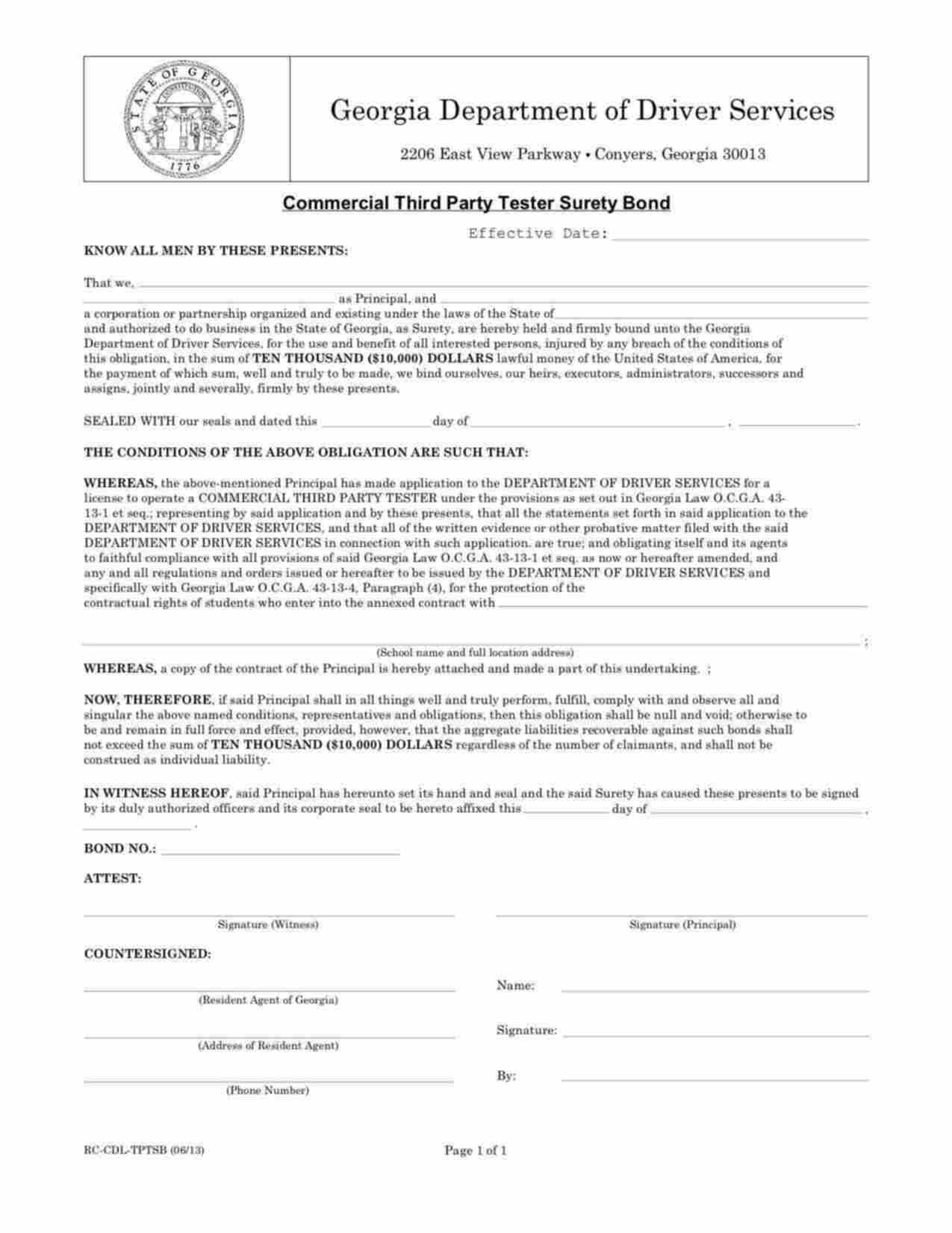 Georgia Commercial Third Party Tester Bond Form