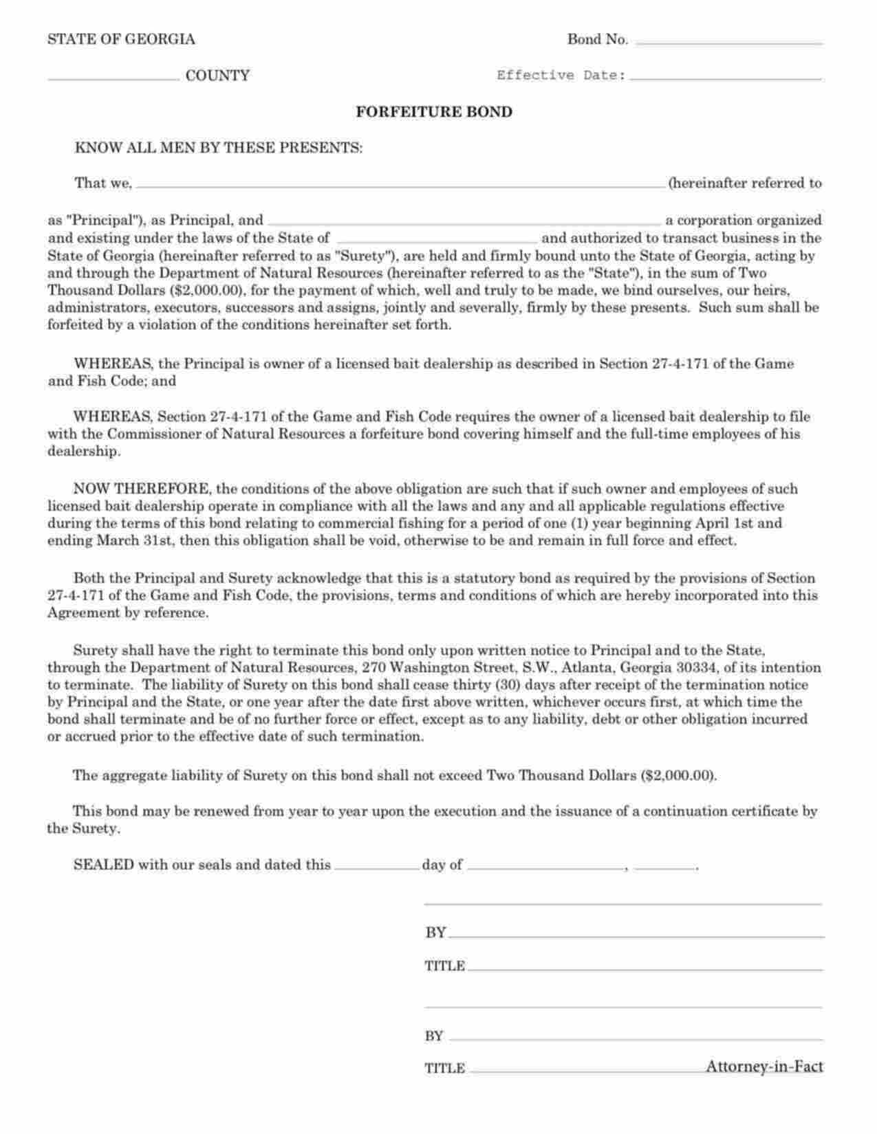 Georgia Bait Dealer Forfeiture Bond Form