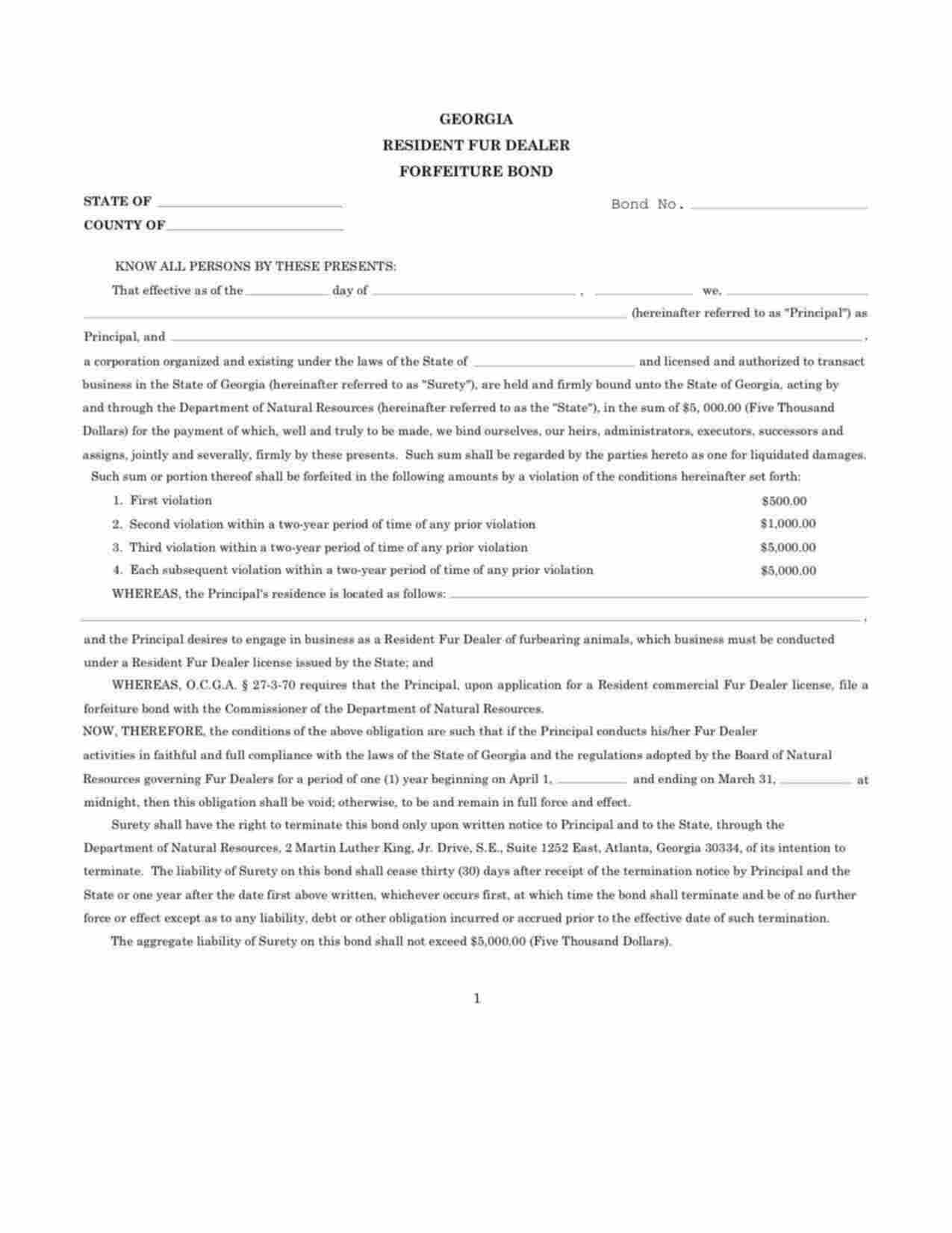 Georgia Resident Fur Dealer Forfeiture Bond Form