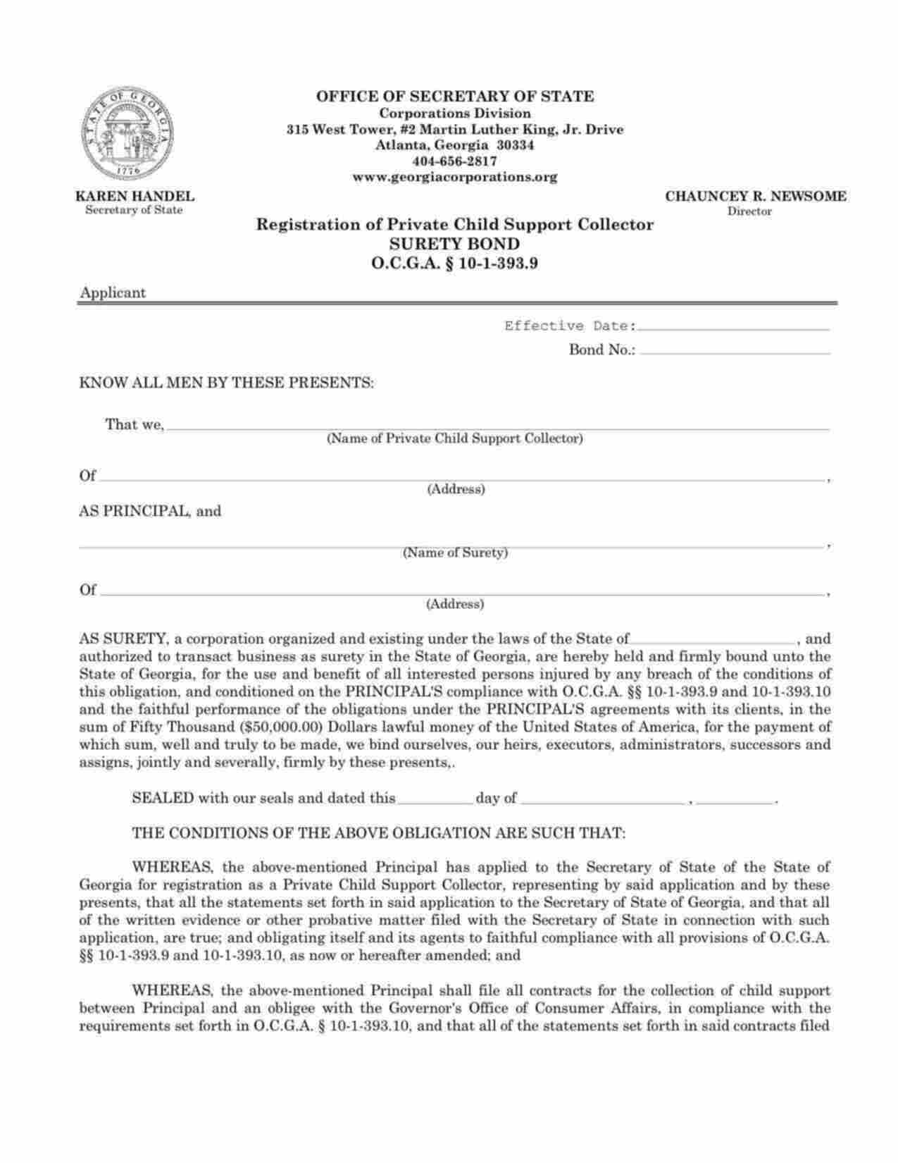 Georgia Private Child Support Collector Bond Form