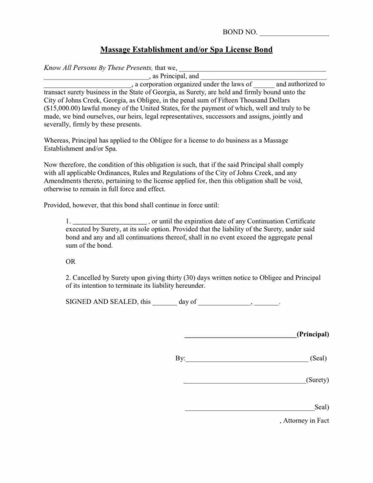 Georgia Massage Establishment and/or Spa License Bond Form